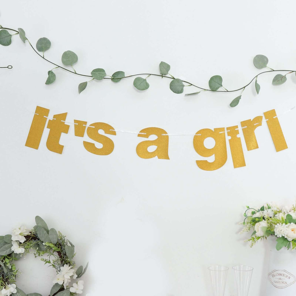 3ft Gold Glittered It's a Girl Paper Hanging Gender Reveal Garland Banner, Baby Shower Banner - Bell Racket Store