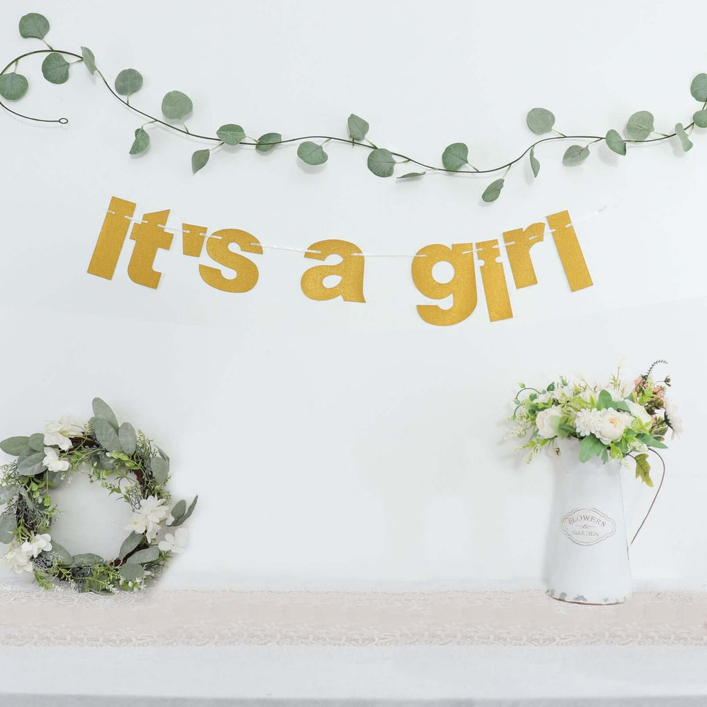 3ft Gold Glittered It's a Girl Paper Hanging Gender Reveal Garland Banner, Baby Shower Banner - Bell Racket Store