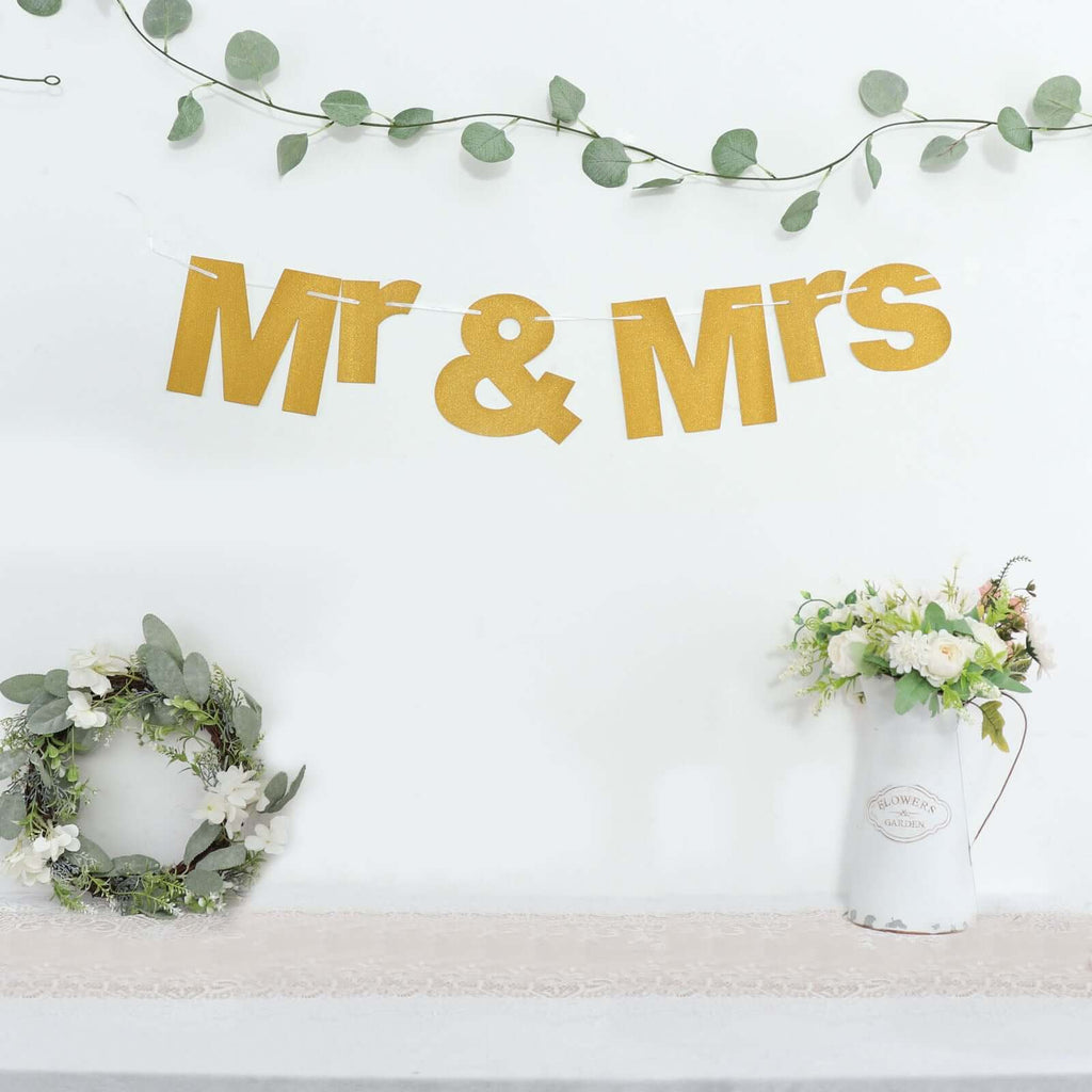 3ft Gold Glittered Mr and Mrs Paper Hanging Wedding Anniversary Banner, Party Garland Banner - Bell Racket Store
