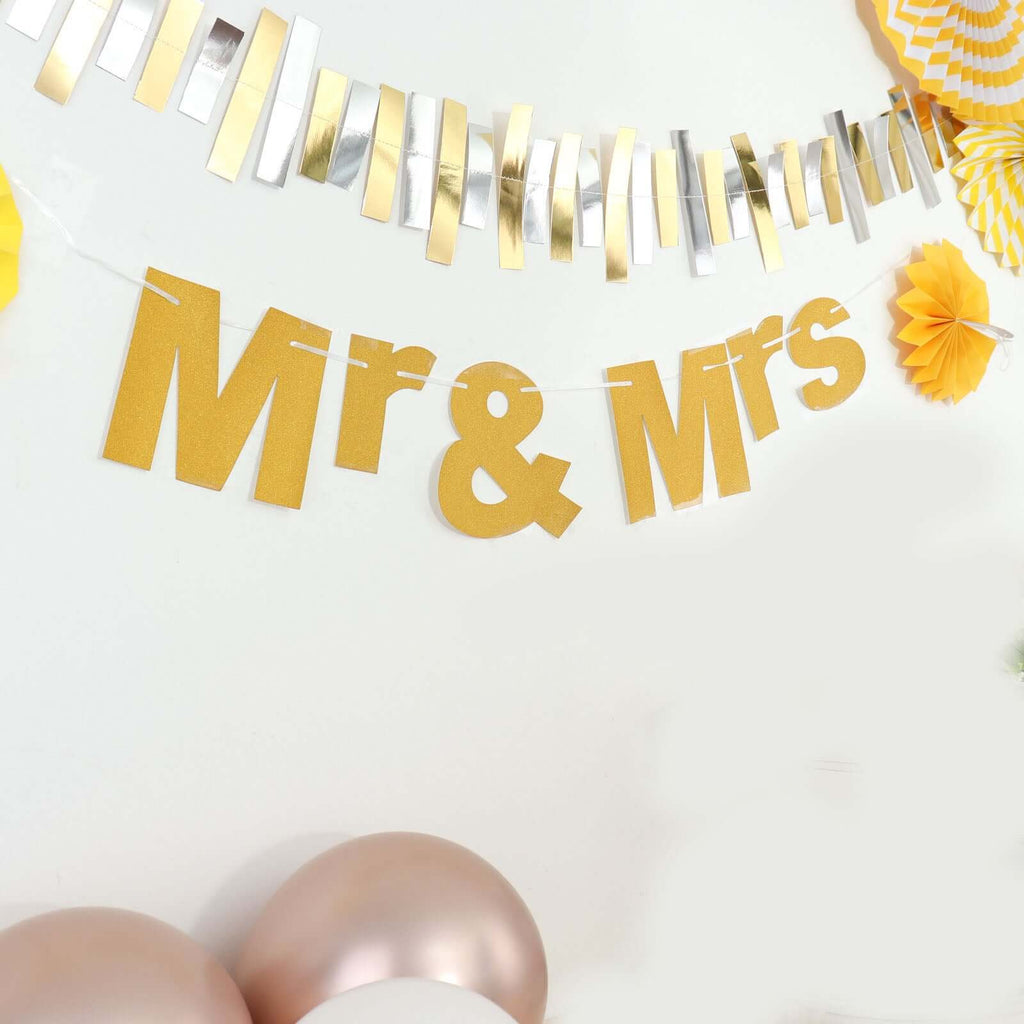 3ft Gold Glittered Mr and Mrs Paper Hanging Wedding Anniversary Banner, Party Garland Banner - Bell Racket Store