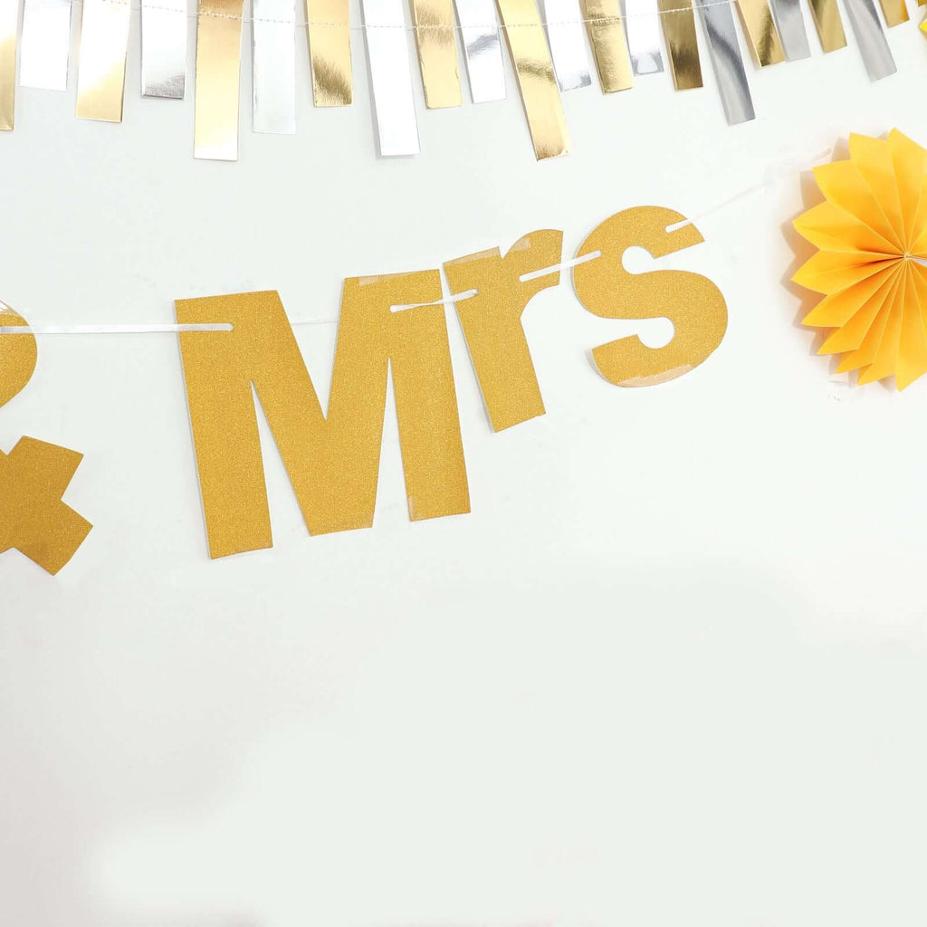 3ft Gold Glittered Mr and Mrs Paper Hanging Wedding Anniversary Banner, Party Garland Banner - Bell Racket Store