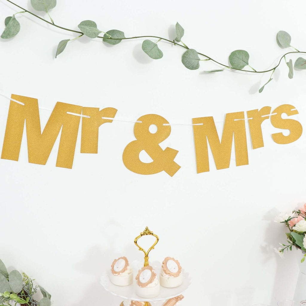 3ft Gold Glittered Mr and Mrs Paper Hanging Wedding Anniversary Banner, Party Garland Banner - Bell Racket Store