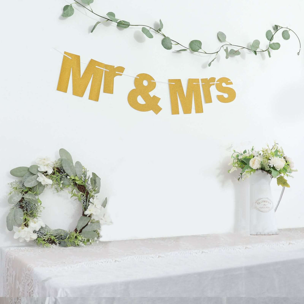 3ft Gold Glittered Mr and Mrs Paper Hanging Wedding Anniversary Banner, Party Garland Banner - Bell Racket Store