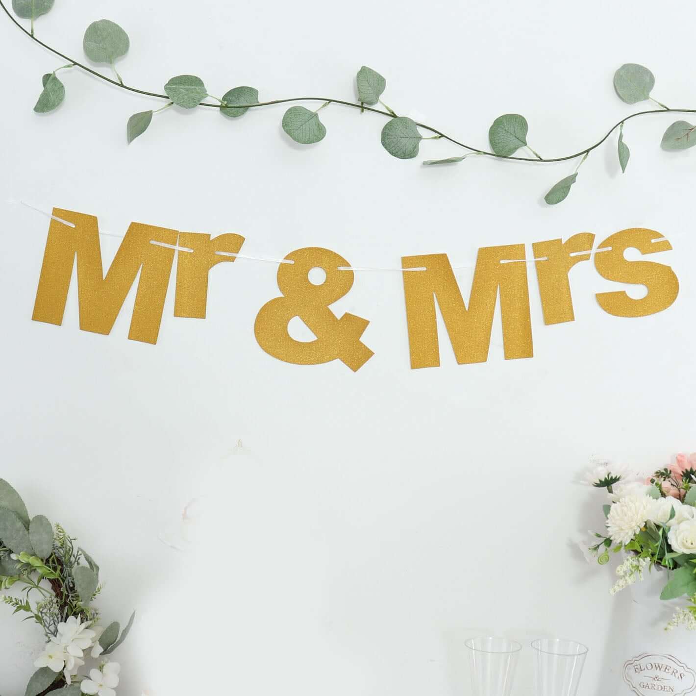 3ft Gold Glittered Mr and Mrs Paper Hanging Wedding Anniversary Banner, Party Garland Banner - Bell Racket Store
