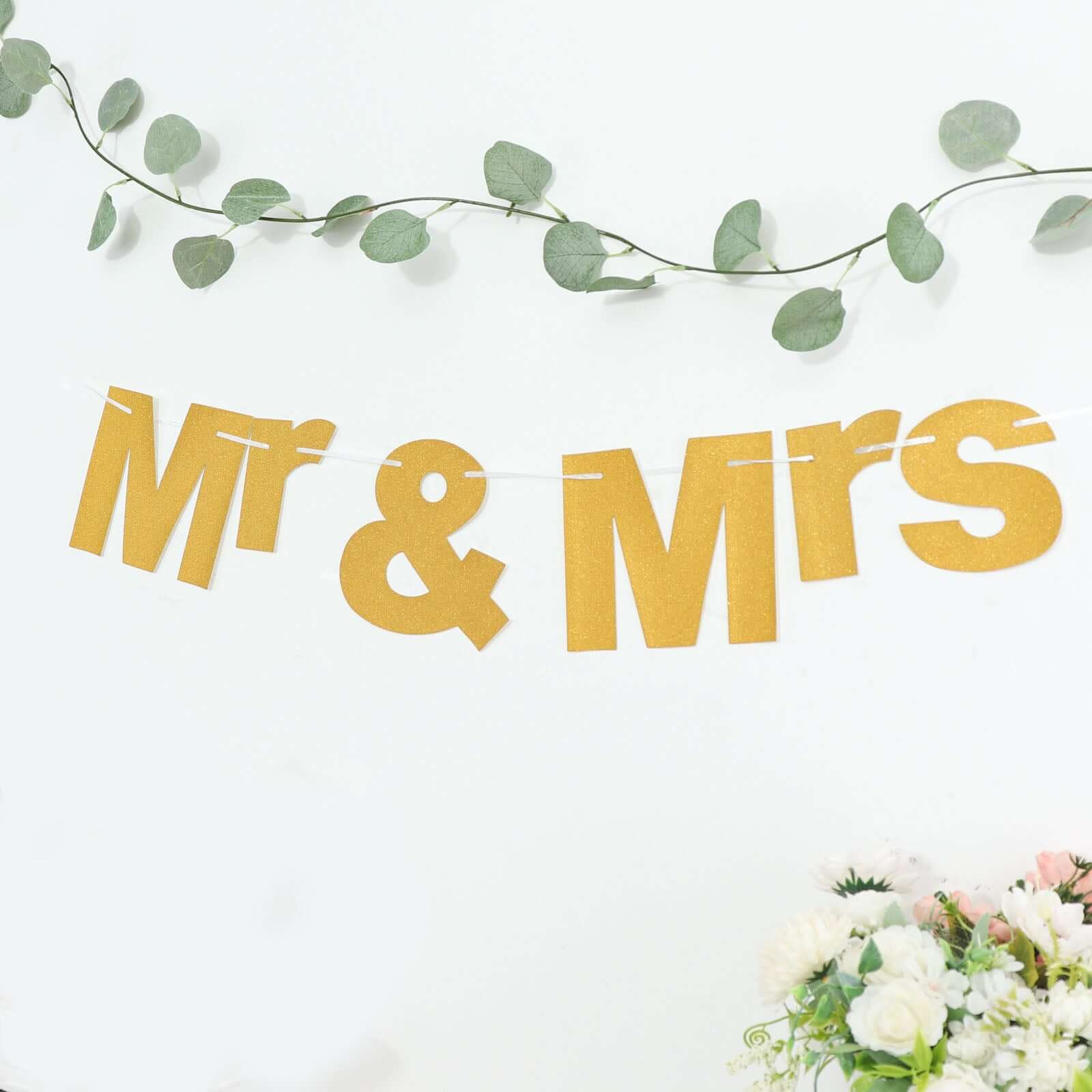 3ft Gold Glittered Mr and Mrs Paper Hanging Wedding Anniversary Banner, Party Garland Banner - Bell Racket Store