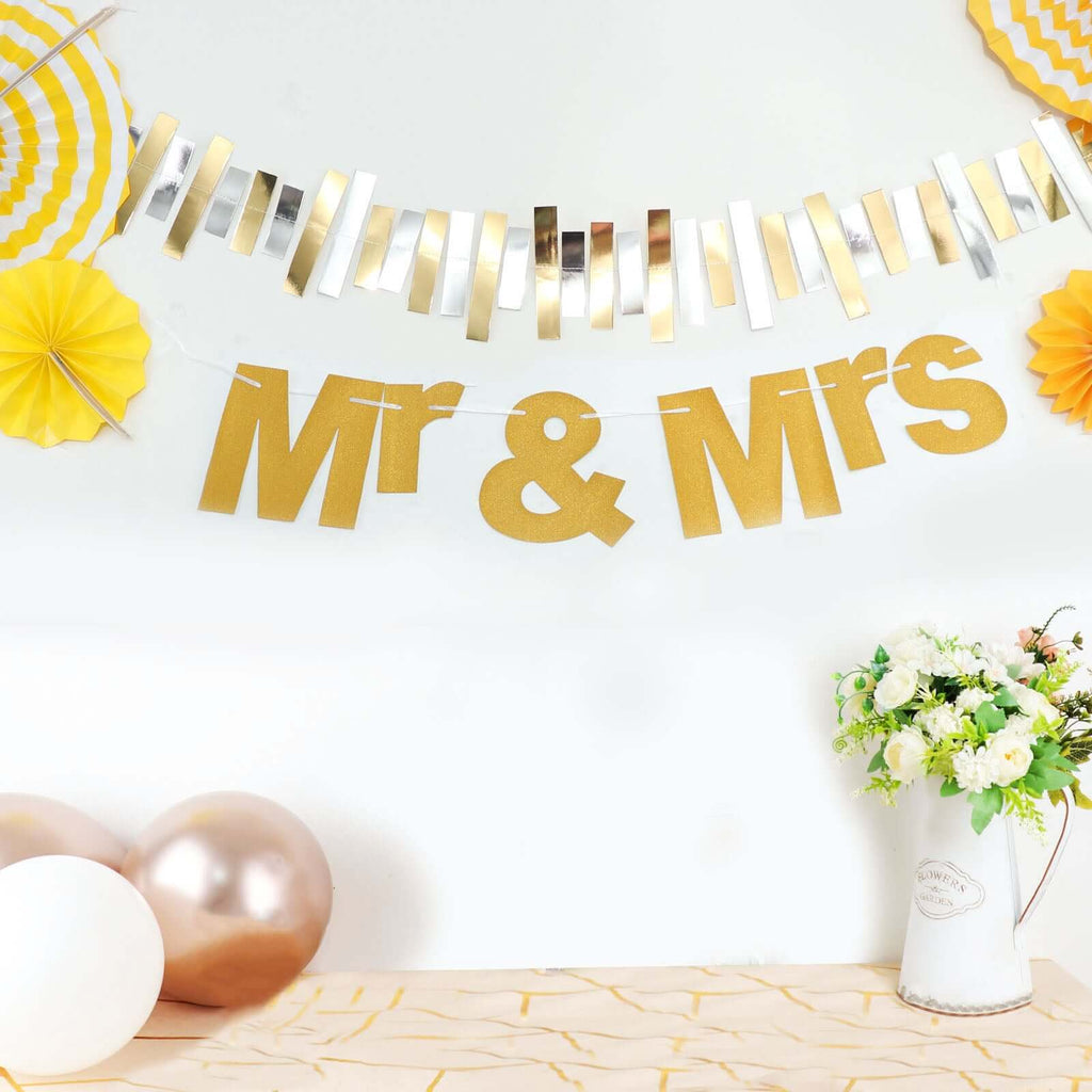 3ft Gold Glittered Mr and Mrs Paper Hanging Wedding Anniversary Banner, Party Garland Banner - Bell Racket Store