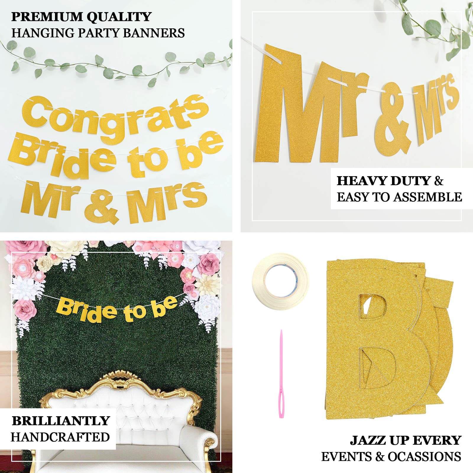 3ft Gold Glittered Mr and Mrs Paper Hanging Wedding Anniversary Banner, Party Garland Banner - Bell Racket Store