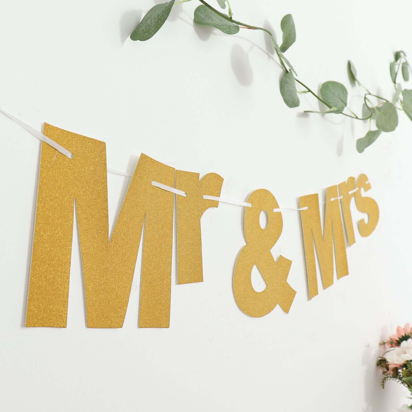 3ft Gold Glittered Mr and Mrs Paper Hanging Wedding Anniversary Banner, Party Garland Banner - Bell Racket Store