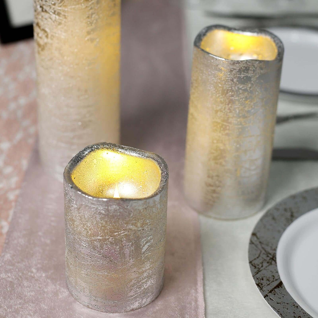 Set of 3 LED Flameless Pillar Candles Remote Operated Metallic Silver - Battery Powered 4", 6", 8"