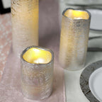 Set of 3 LED Flameless Pillar Candles Remote Operated Metallic Silver - Battery Powered 4", 6", 8"