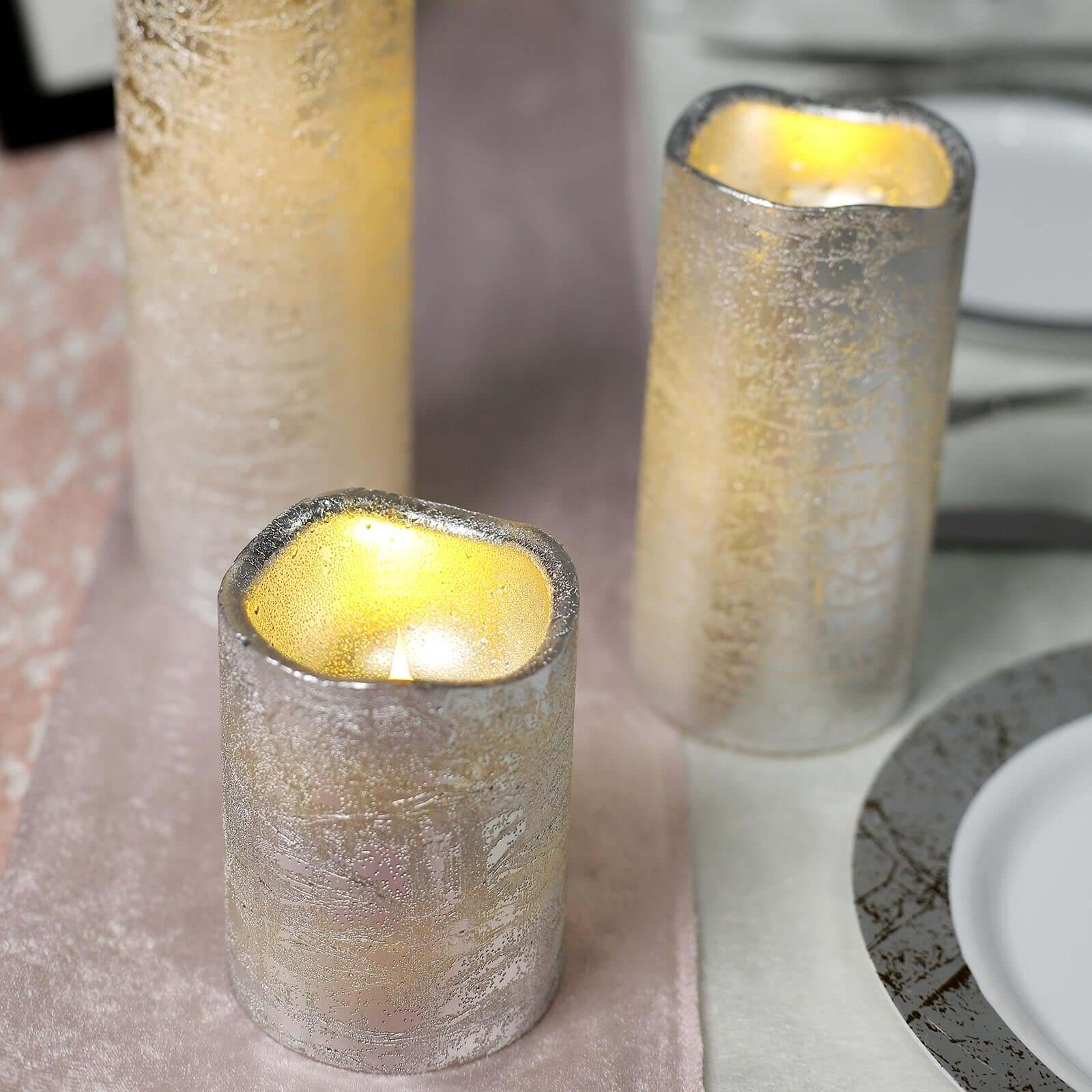 Set of 3 LED Flameless Pillar Candles Remote Operated Metallic Silver - Battery Powered 4", 6", 8"