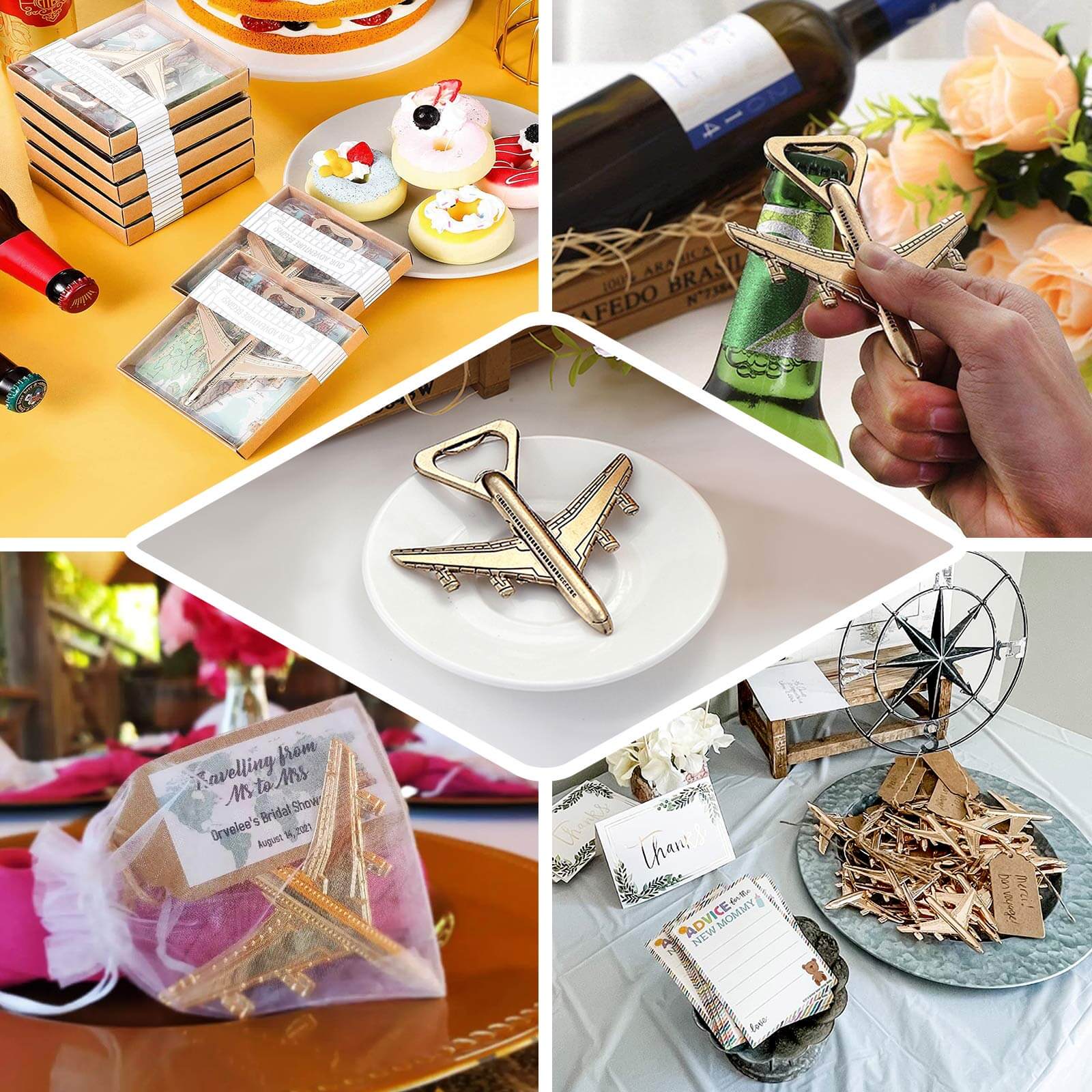 4" Antique Gold Metal Airplane Bottle Opener Vintage Party Favor Gift Box Pre - Packed - Bell Racket Store