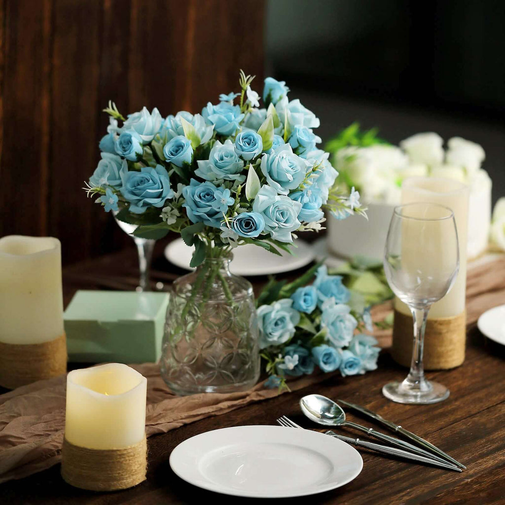 4 Bushes 12" Dusty Blue Real Touch Artificial Silk Rose Flower Bouquet, Faux Bridal Flowers - Bell Racket Store