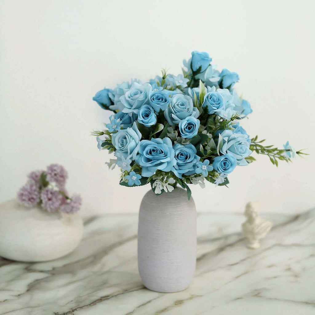 4 Bushes 12" Dusty Blue Real Touch Artificial Silk Rose Flower Bouquet, Faux Bridal Flowers - Bell Racket Store