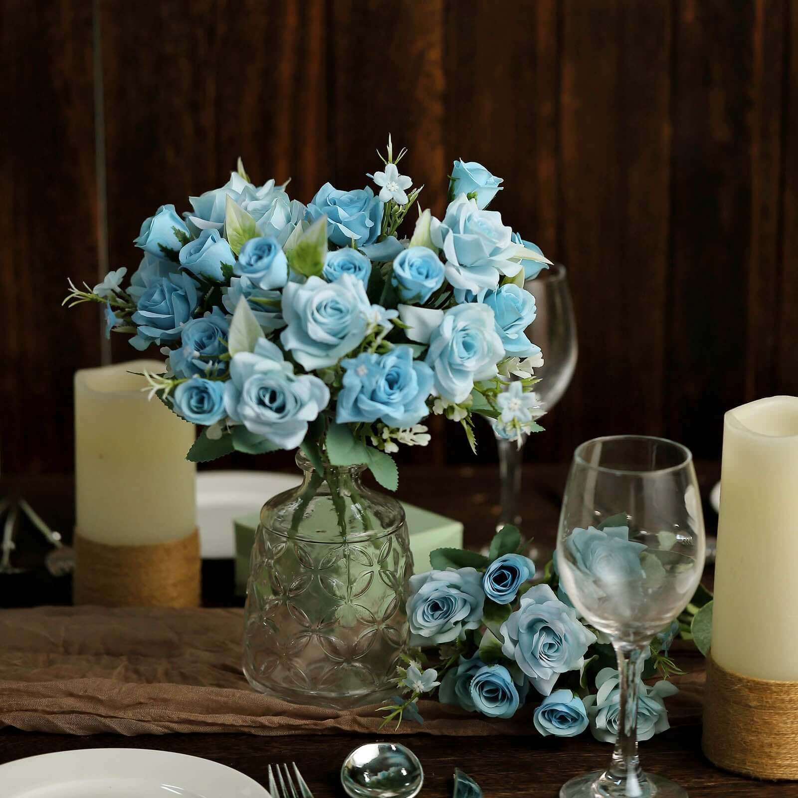 4 Bushes 12" Dusty Blue Real Touch Artificial Silk Rose Flower Bouquet, Faux Bridal Flowers - Bell Racket Store