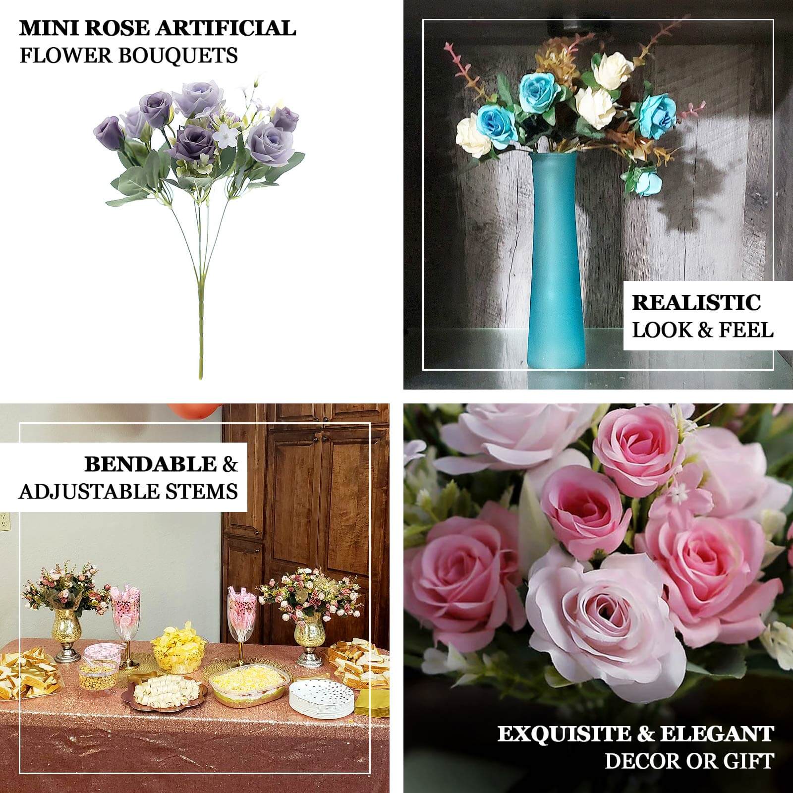 4 Bushes 12" Ivory Real Touch Artificial Silk Rose Flower Bouquet, Faux Bridal Flowers - Bell Racket Store