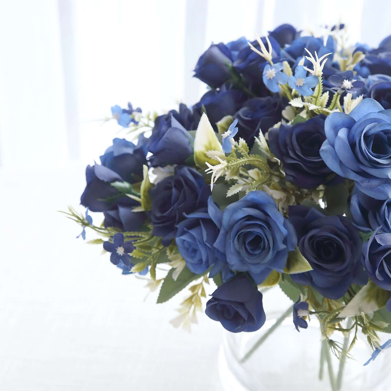 4 Bushes 12" Navy Blue Real Touch Artificial Silk Rose Flower Bouquet, Faux Bridal Flowers - Bell Racket Store