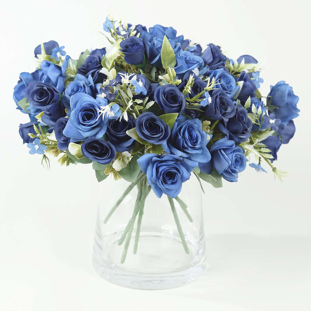 4 Bushes 12" Navy Blue Real Touch Artificial Silk Rose Flower Bouquet, Faux Bridal Flowers - Bell Racket Store