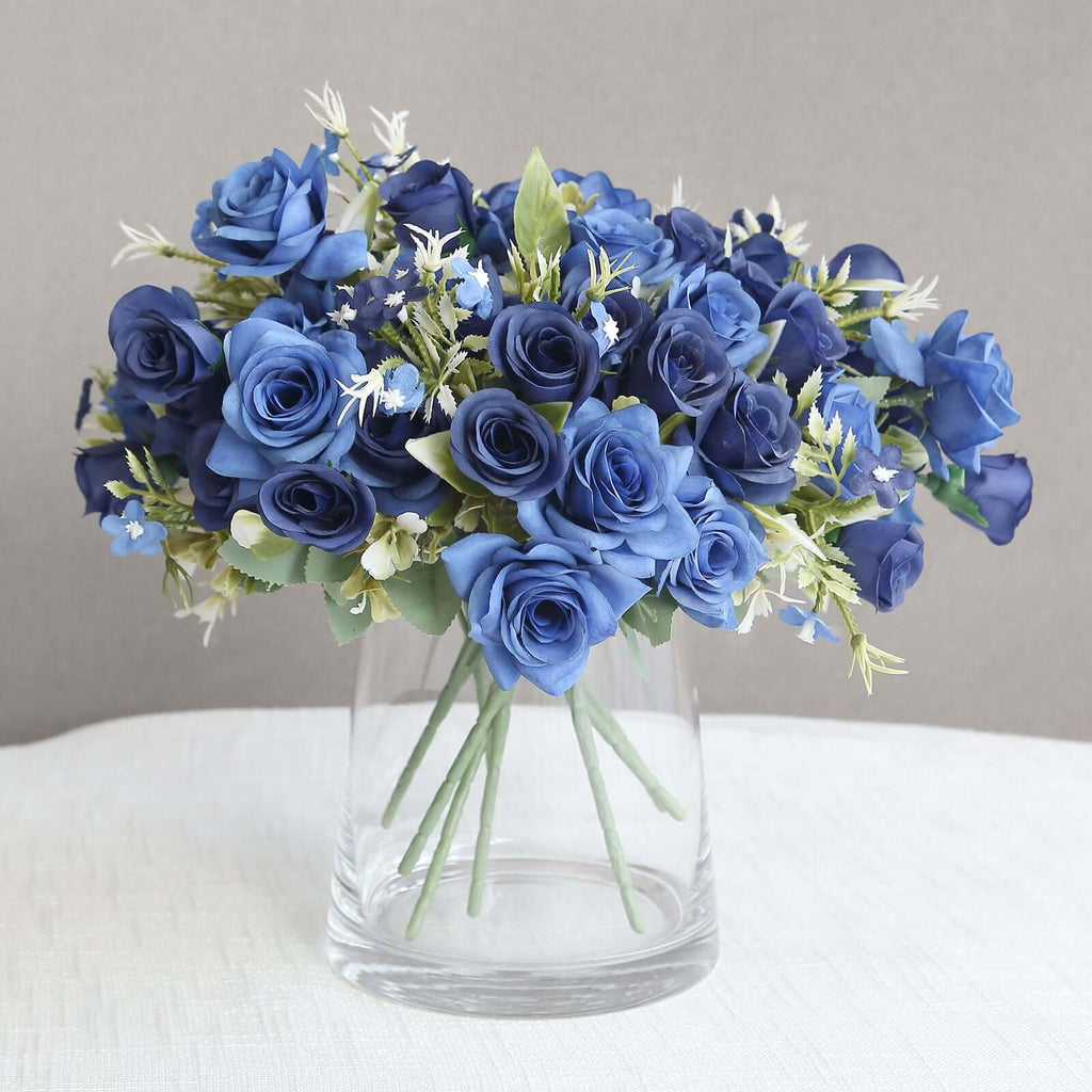 4 Bushes 12" Navy Blue Real Touch Artificial Silk Rose Flower Bouquet, Faux Bridal Flowers - Bell Racket Store
