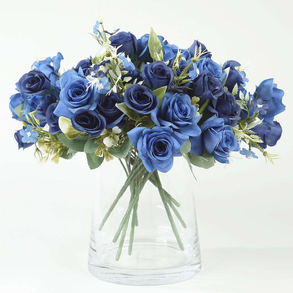 4 Bushes 12" Navy Blue Real Touch Artificial Silk Rose Flower Bouquet, Faux Bridal Flowers - Bell Racket Store