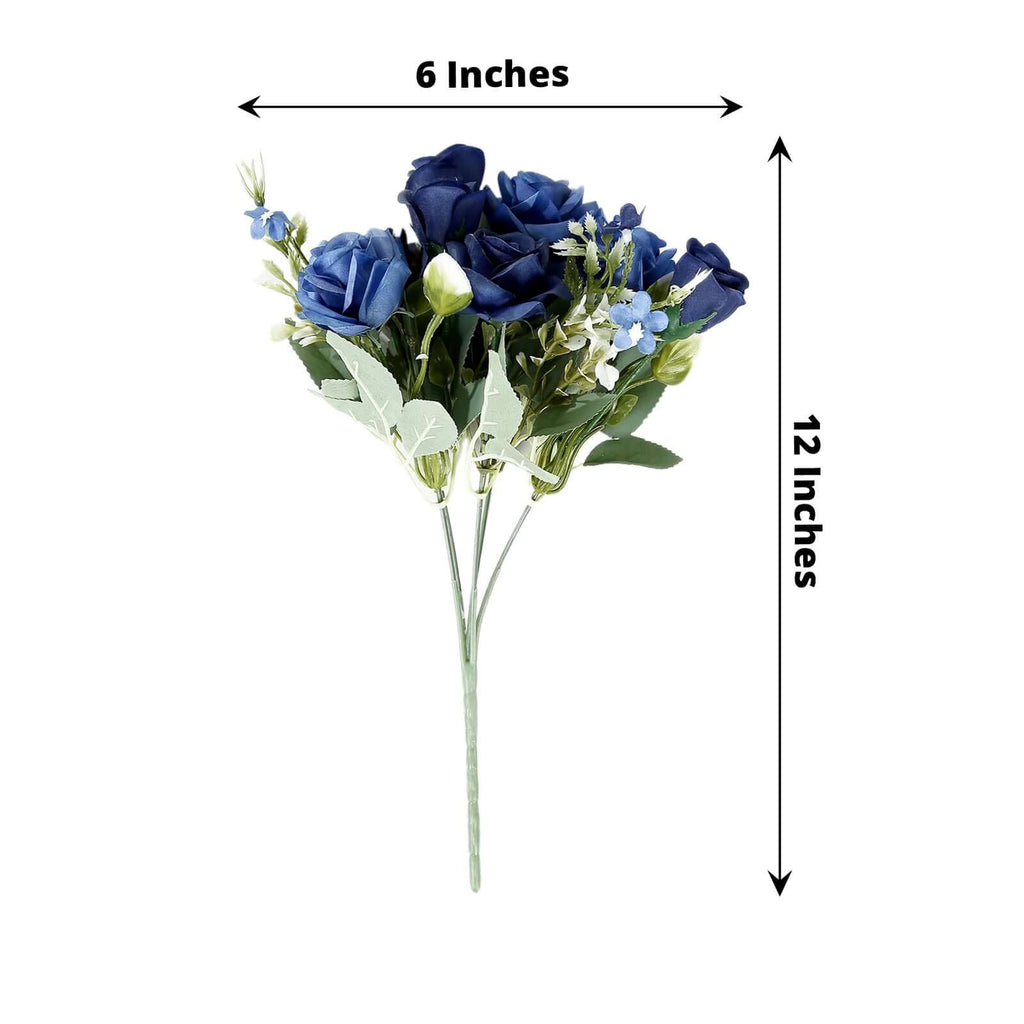 4 Bushes 12" Navy Blue Real Touch Artificial Silk Rose Flower Bouquet, Faux Bridal Flowers - Bell Racket Store