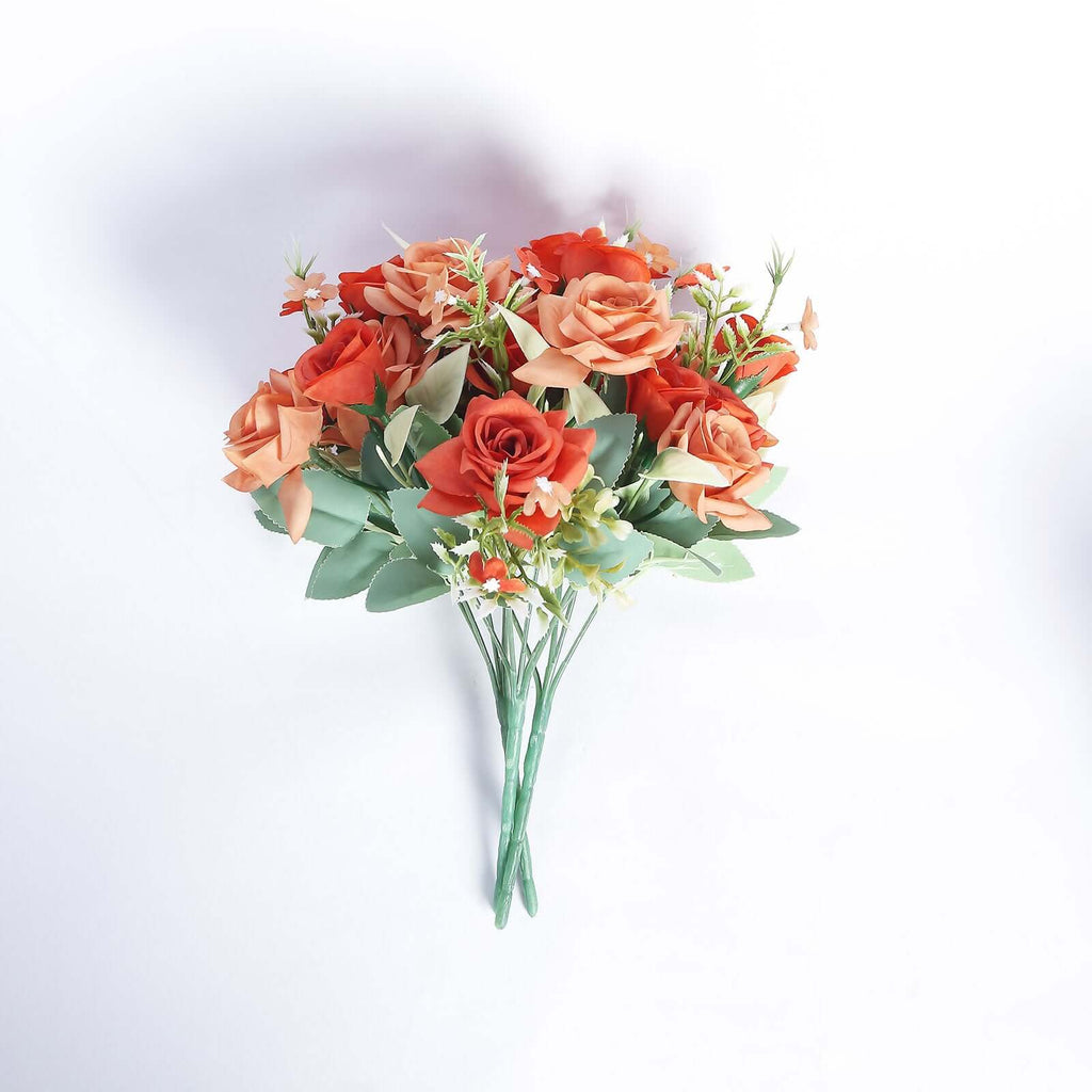 4 Bushes 12" Terracotta (Rust) Real Touch Artificial Silk Rose Flower Bouquet, Faux Bridal Flowers - Bell Racket Store