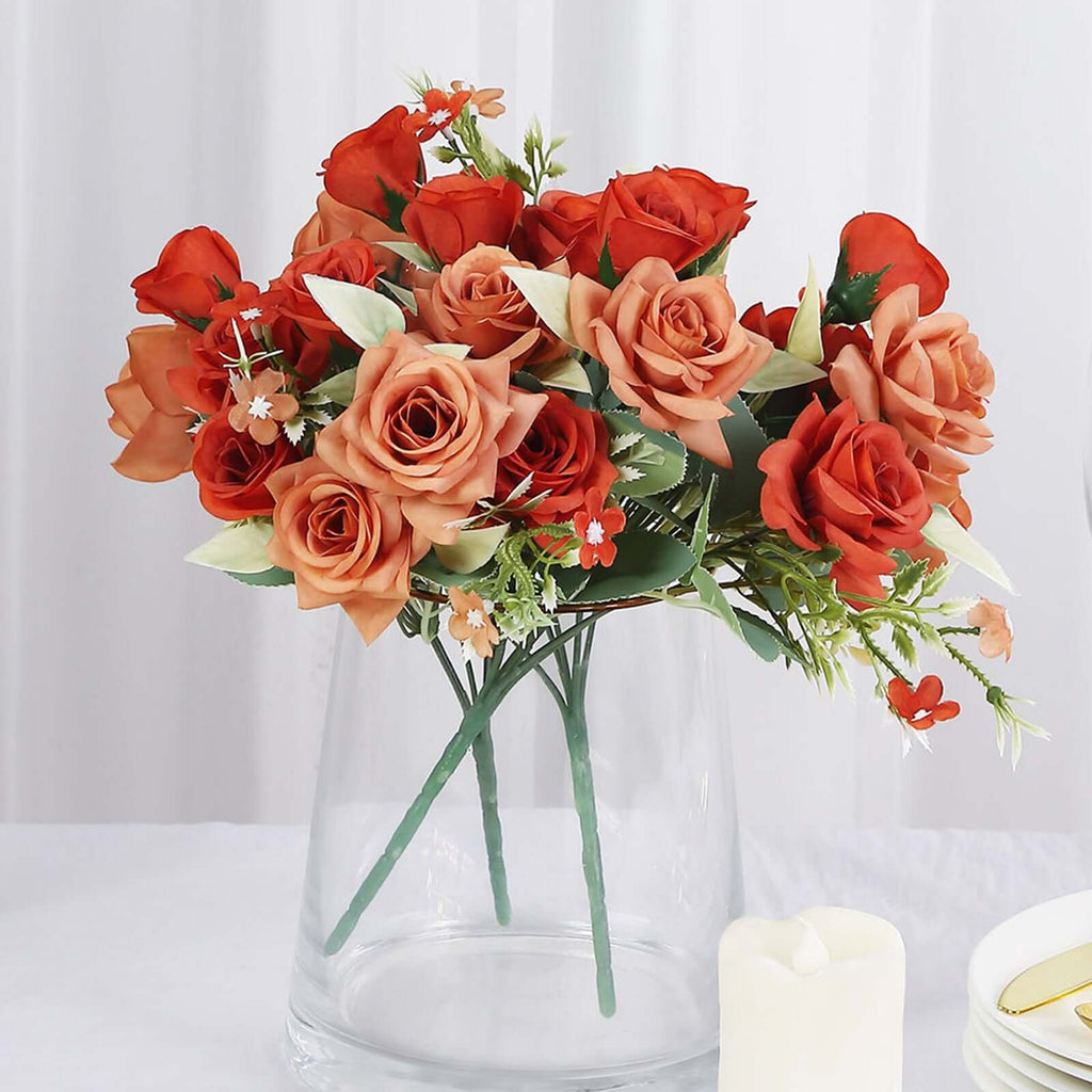 4 Bushes 12" Terracotta (Rust) Real Touch Artificial Silk Rose Flower Bouquet, Faux Bridal Flowers - Bell Racket Store