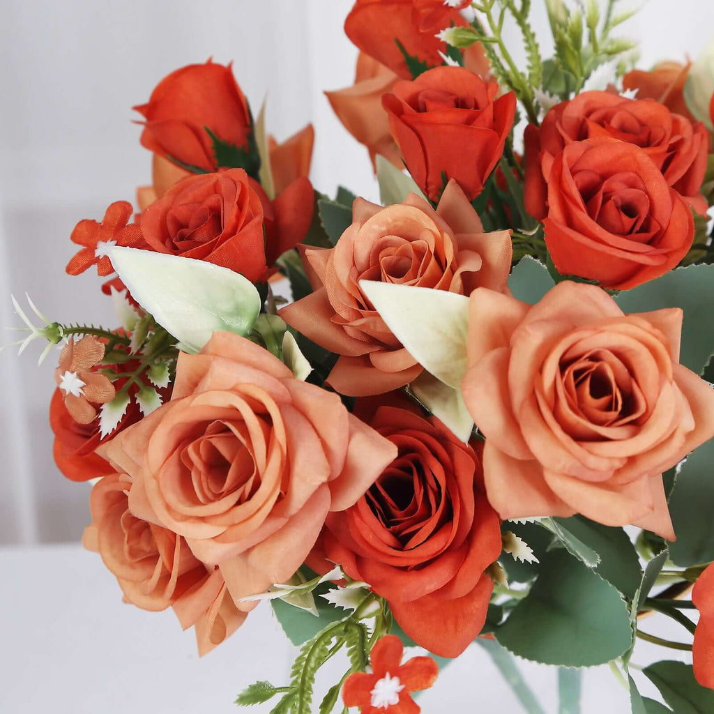 4 Bushes 12" Terracotta (Rust) Real Touch Artificial Silk Rose Flower Bouquet, Faux Bridal Flowers - Bell Racket Store