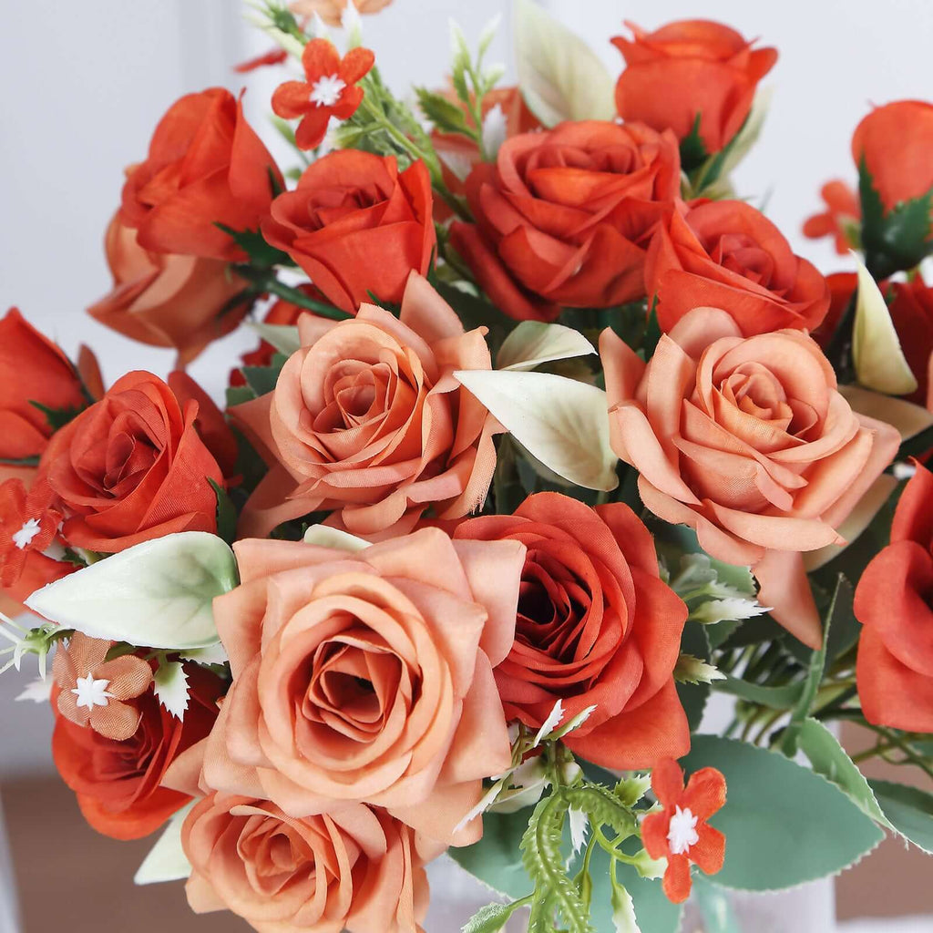4 Bushes 12" Terracotta (Rust) Real Touch Artificial Silk Rose Flower Bouquet, Faux Bridal Flowers - Bell Racket Store