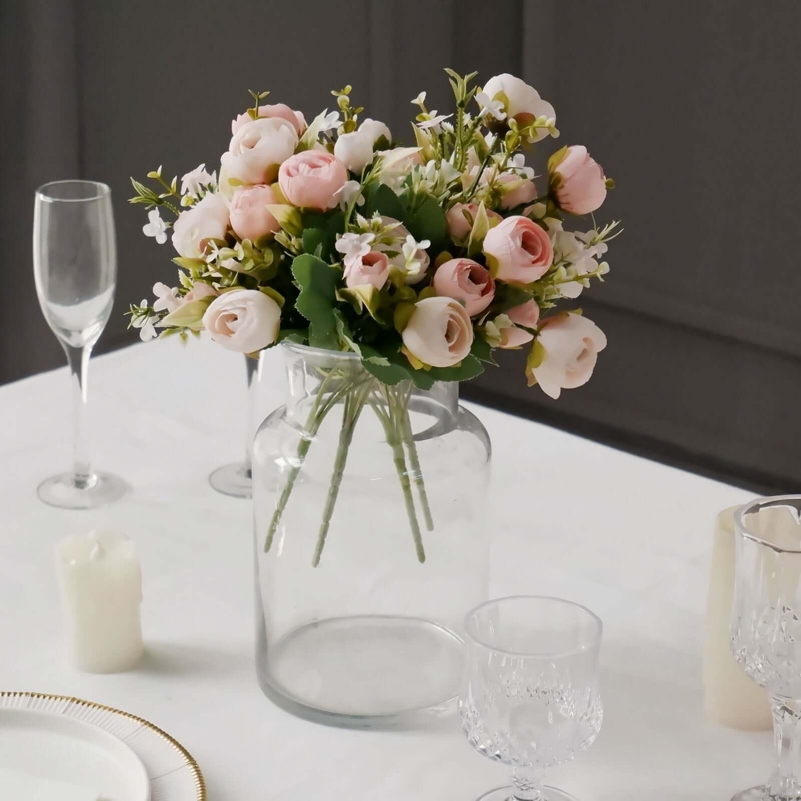 4 Pack 12" Artificial Blush Ranunculus Silk Flower Bridal Bouquets, Faux Buttercup Floral Arrangement - Bell Racket Store