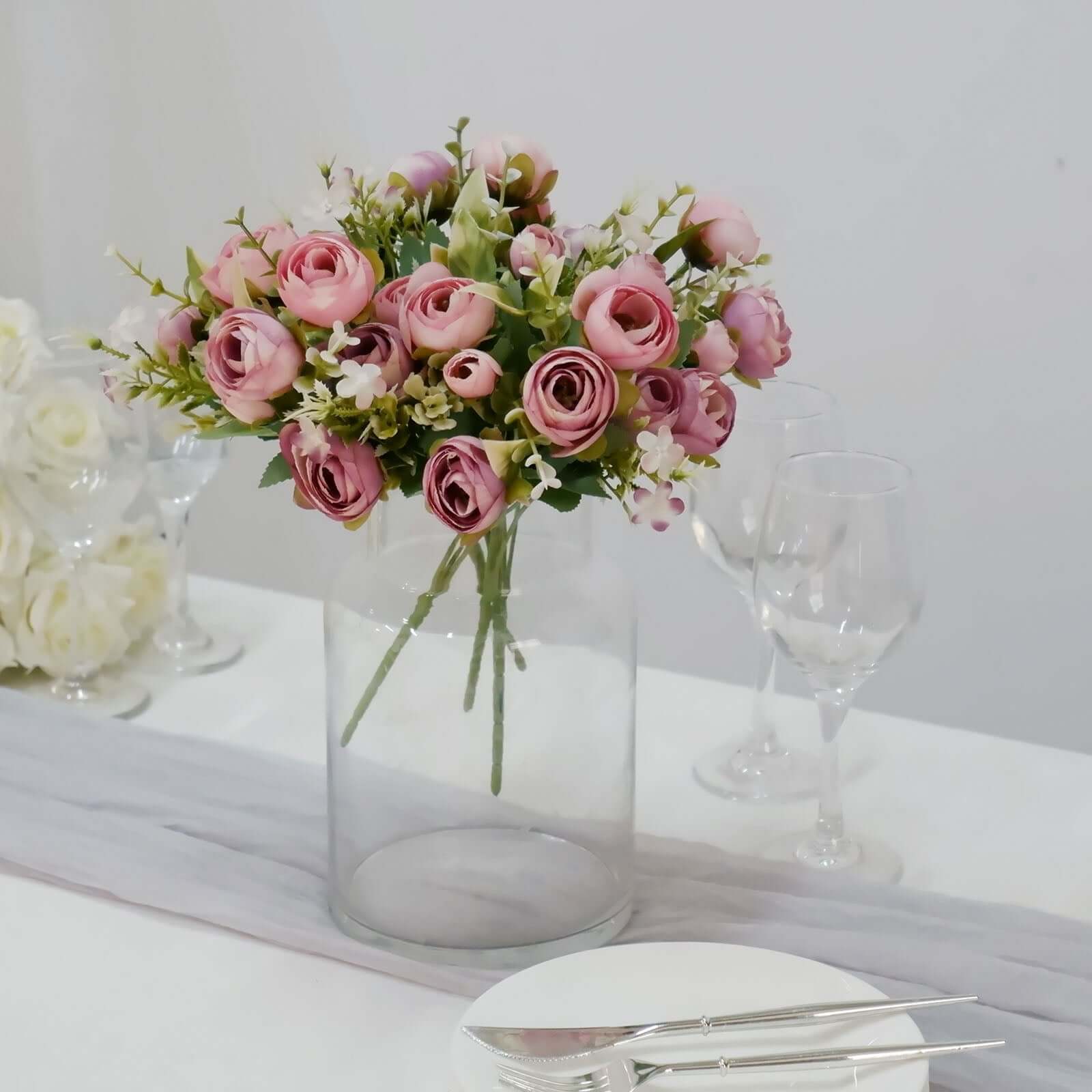 4 Pack 12" Artificial Dusty Rose Ranunculus Silk Flower Bridal Bouquets, Faux Buttercup Floral Arrangement - Bell Racket Store