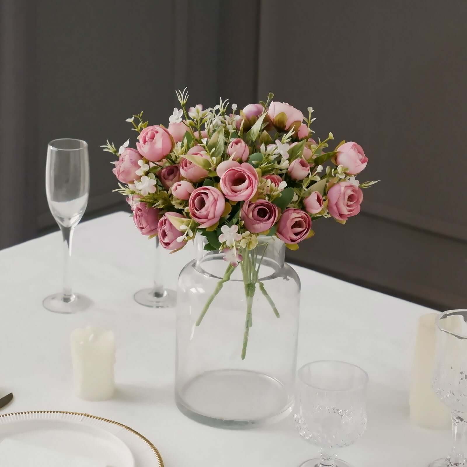 4 Pack 12" Artificial Dusty Rose Ranunculus Silk Flower Bridal Bouquets, Faux Buttercup Floral Arrangement - Bell Racket Store