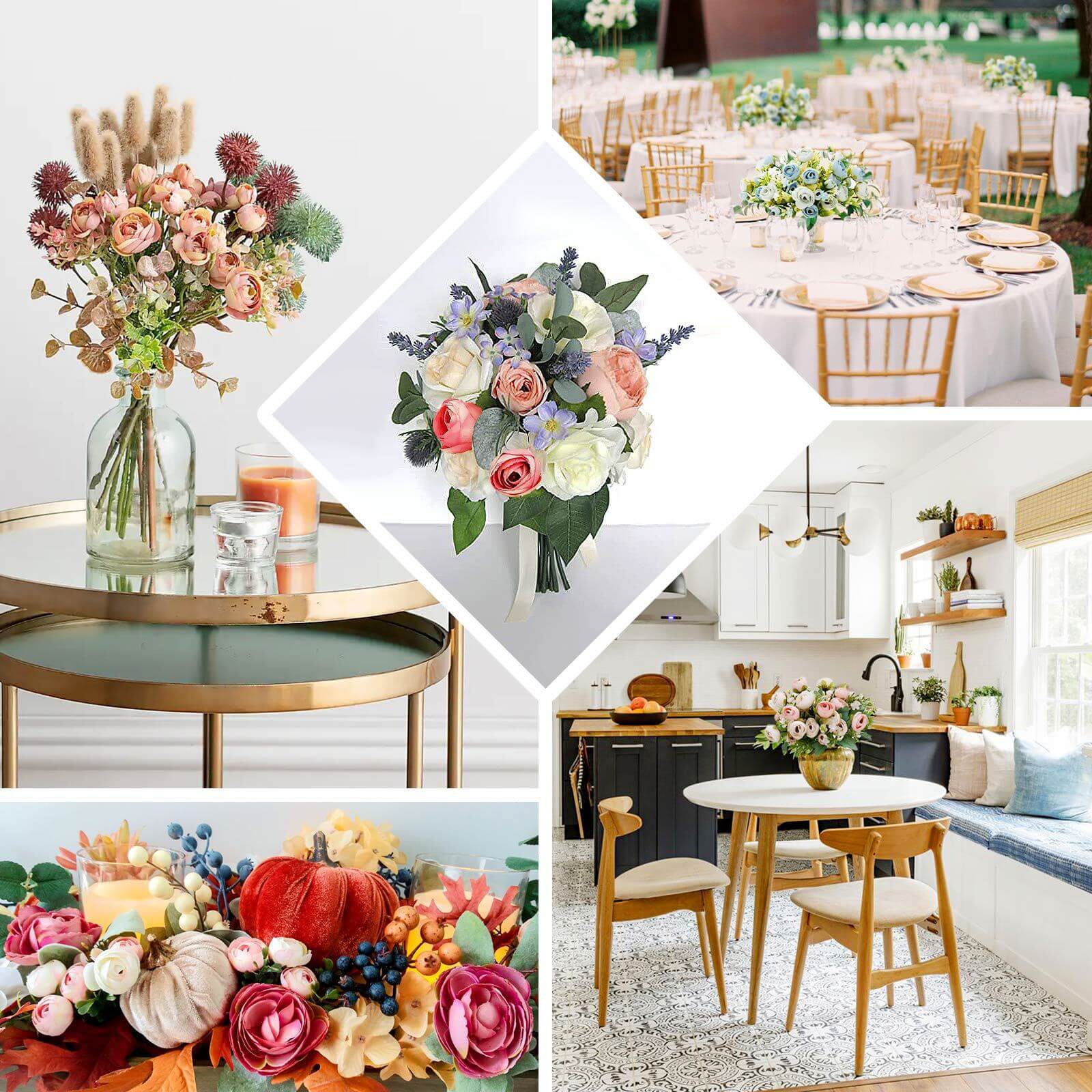 4 Pack 12" Artificial Ivory Ranunculus Silk Flower Bridal Bouquets, Faux Buttercup Floral Arrangement - Bell Racket Store