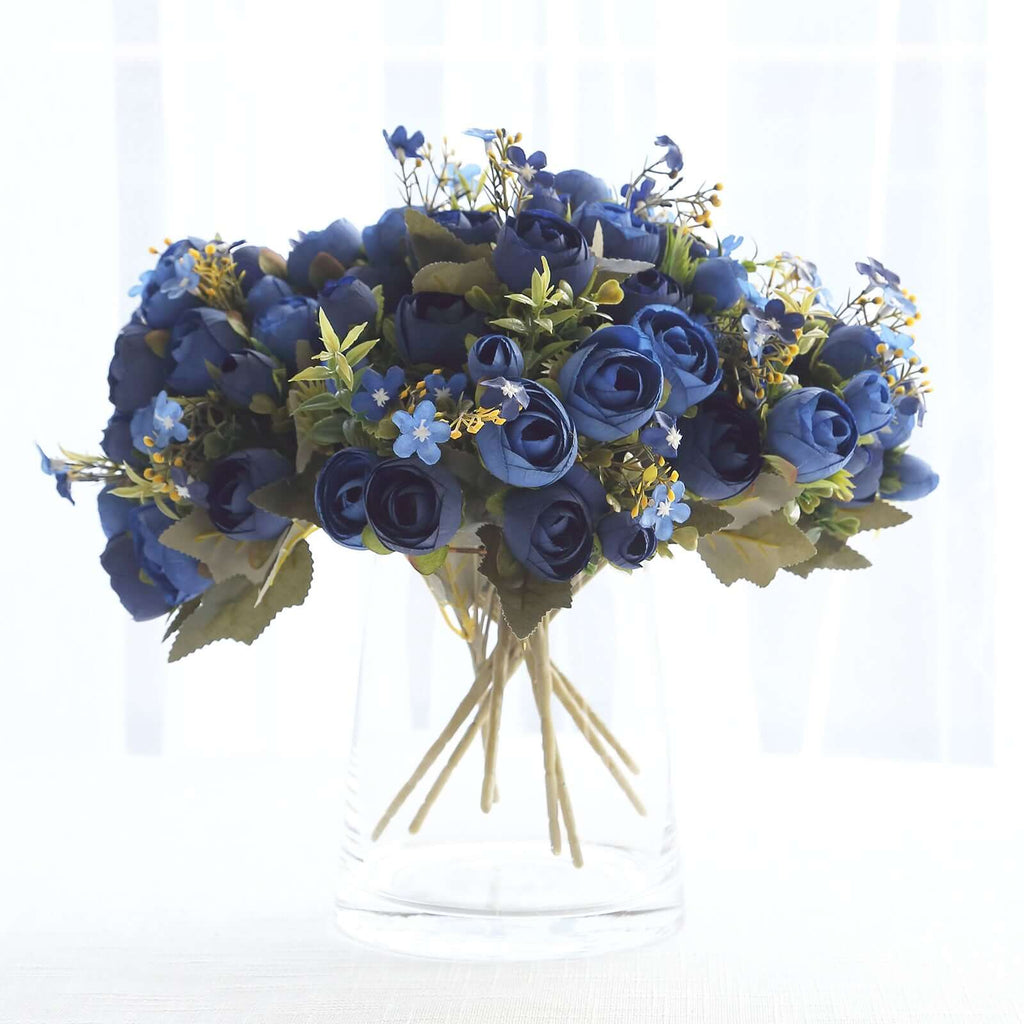 4 Pack 12" Artificial Navy Blue Ranunculus Silk Flower Bridal Bouquets, Faux Buttercup Floral Arrangement - Bell Racket Store
