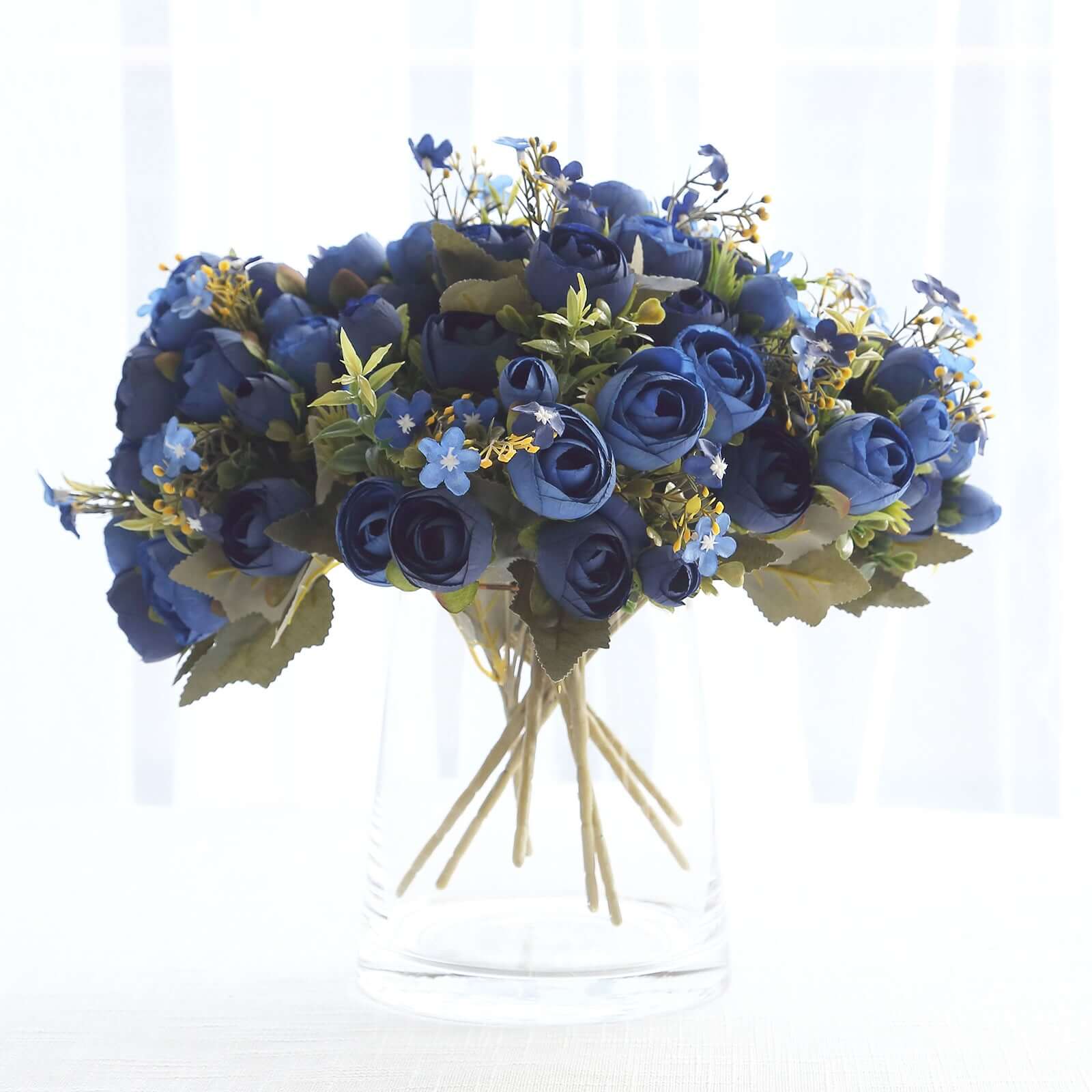 4 Pack 12" Artificial Navy Blue Ranunculus Silk Flower Bridal Bouquets, Faux Buttercup Floral Arrangement - Bell Racket Store