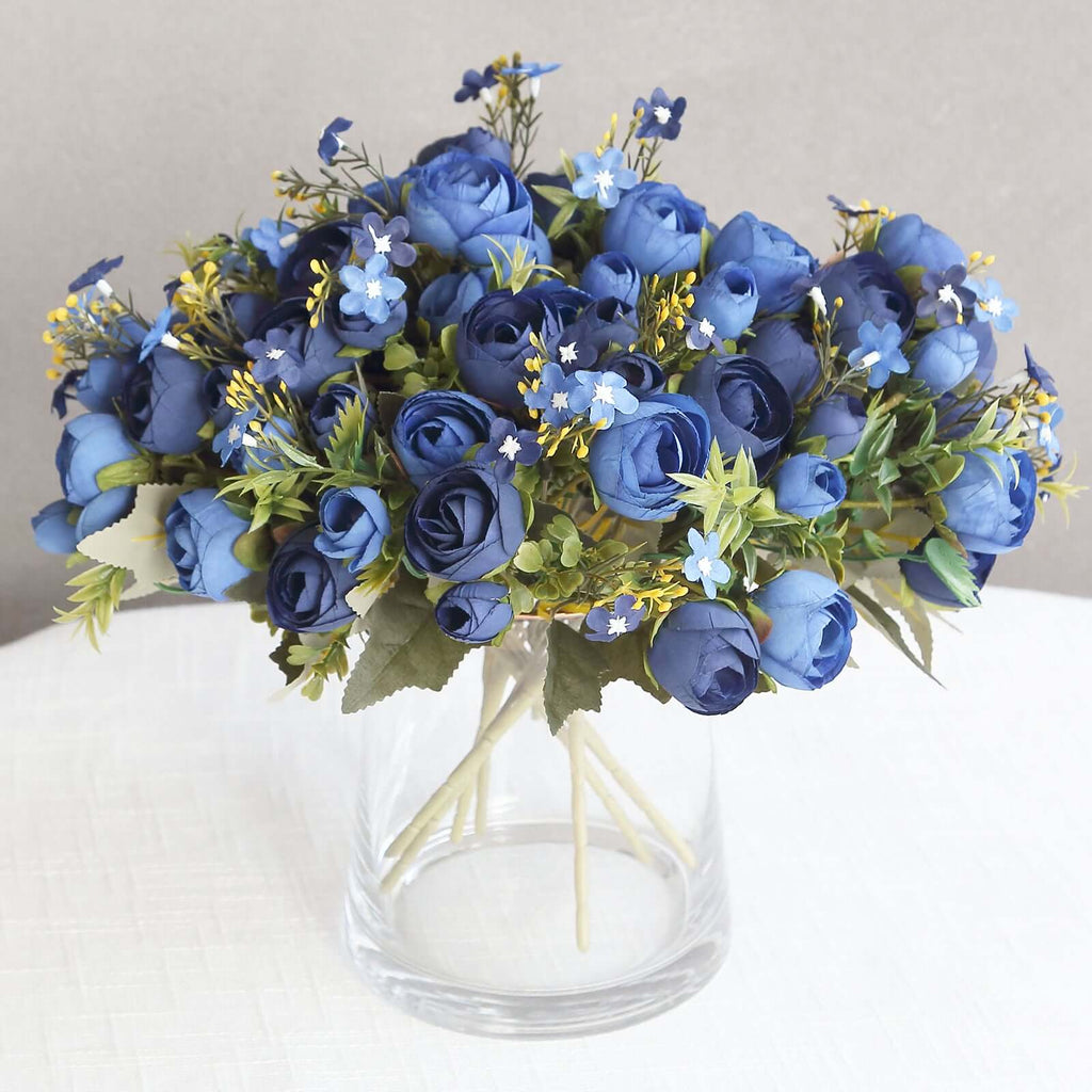 4 Pack 12" Artificial Navy Blue Ranunculus Silk Flower Bridal Bouquets, Faux Buttercup Floral Arrangement - Bell Racket Store