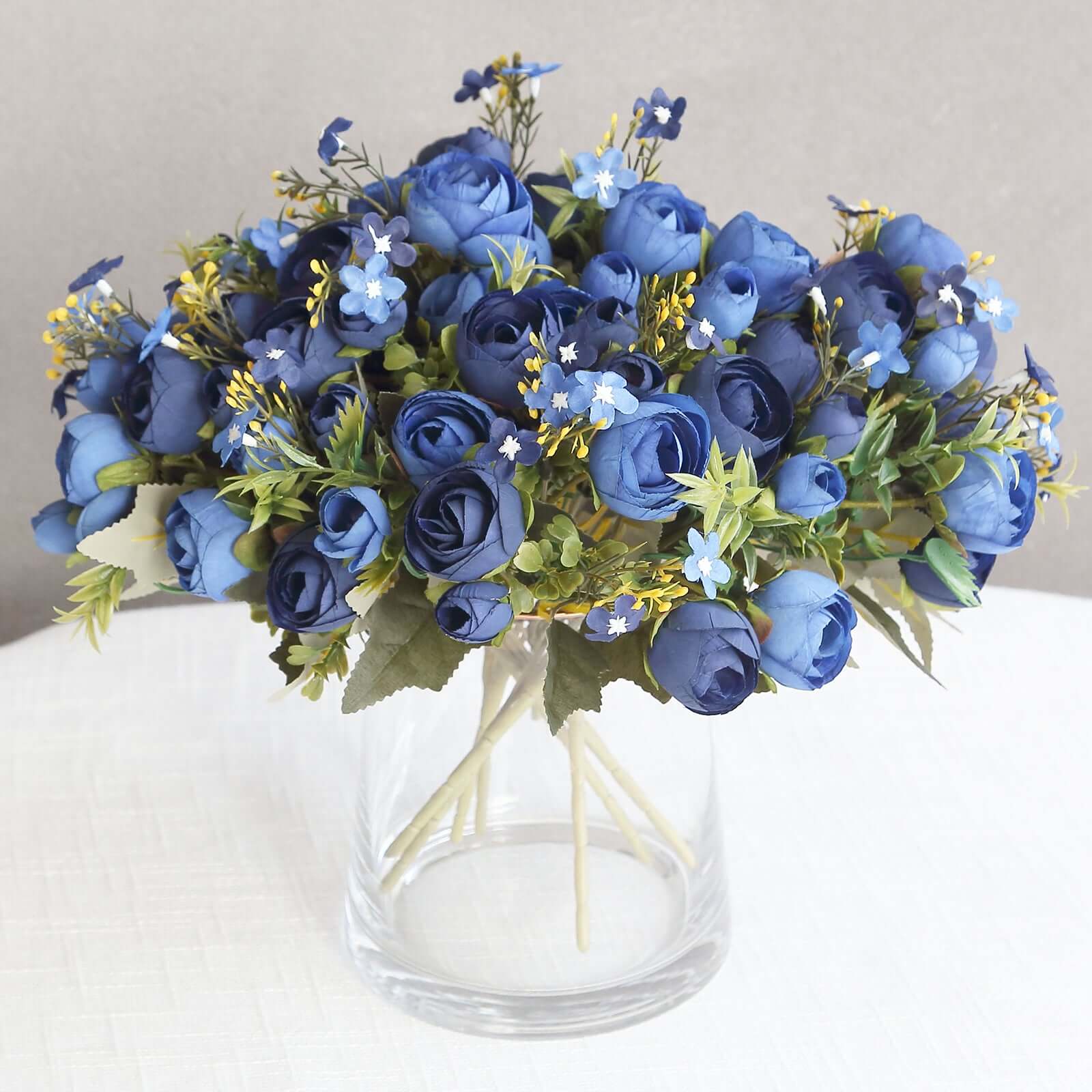 4 Pack 12" Artificial Navy Blue Ranunculus Silk Flower Bridal Bouquets, Faux Buttercup Floral Arrangement - Bell Racket Store