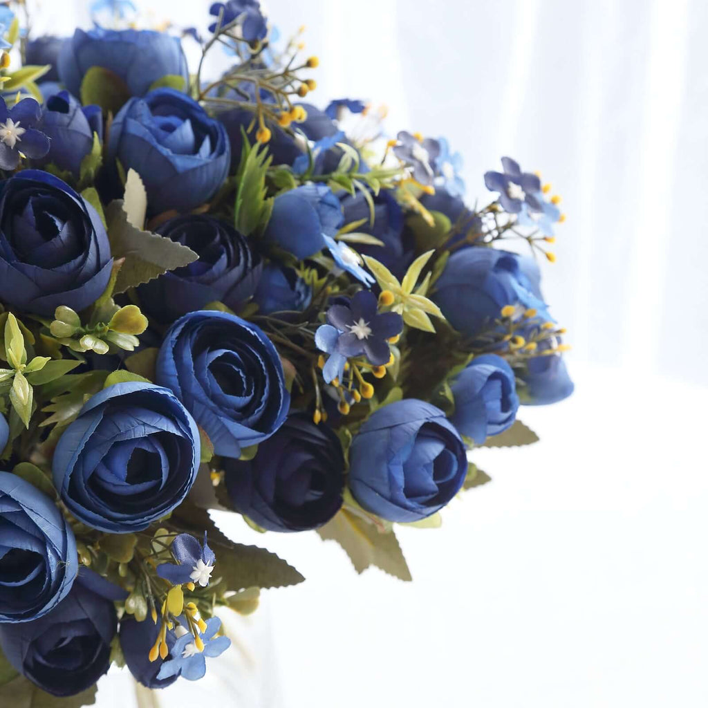 4 Pack 12" Artificial Navy Blue Ranunculus Silk Flower Bridal Bouquets, Faux Buttercup Floral Arrangement - Bell Racket Store