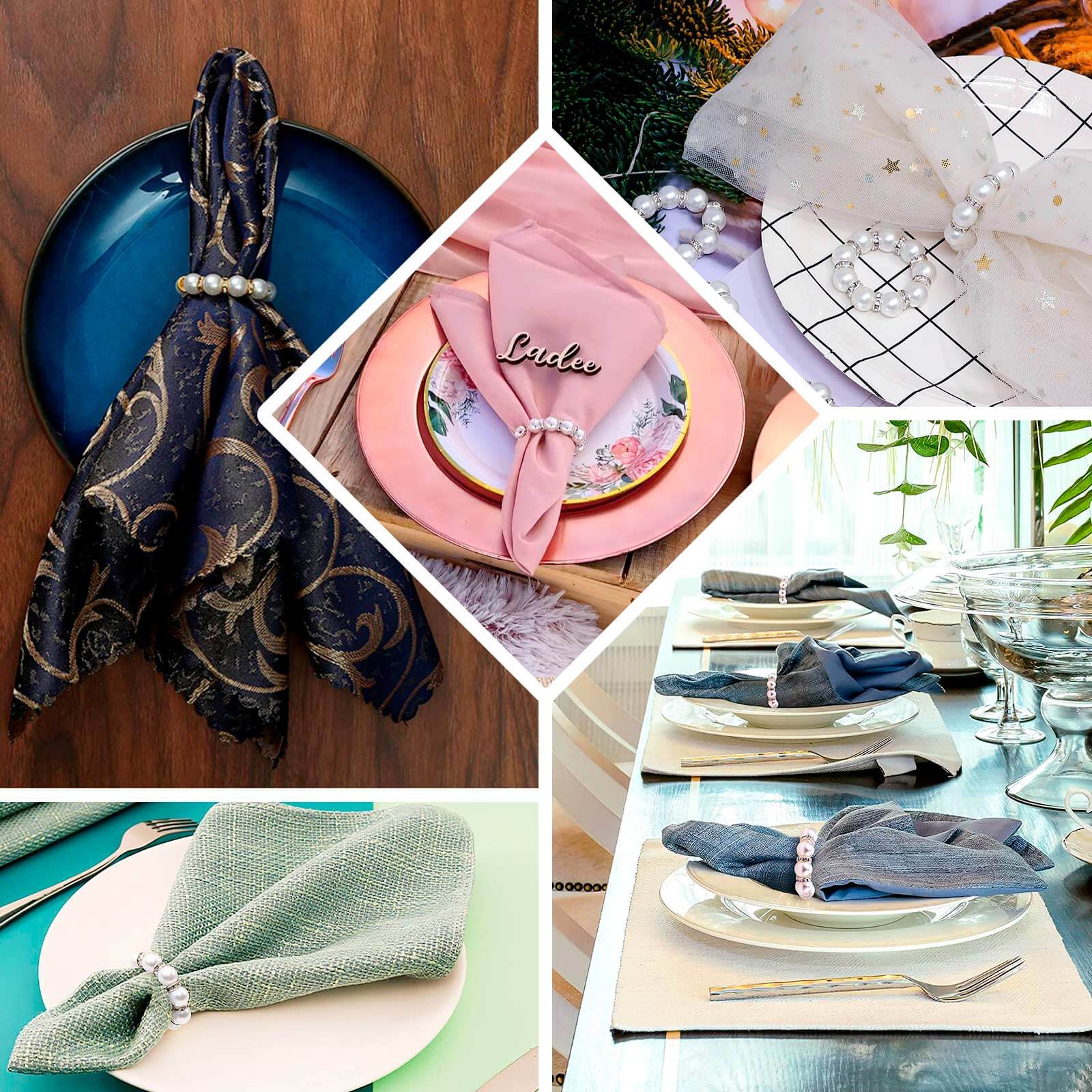 4 Pack 1.5" White Pearl Beads and Silver Rhinestone Napkin Rings, Elegant Round Serviette Buckle Napkin Holders - Bell Racket Store