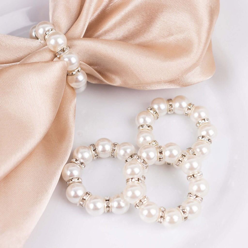 4 Pack 1.5" White Pearl Beads and Silver Rhinestone Napkin Rings, Elegant Round Serviette Buckle Napkin Holders - Bell Racket Store