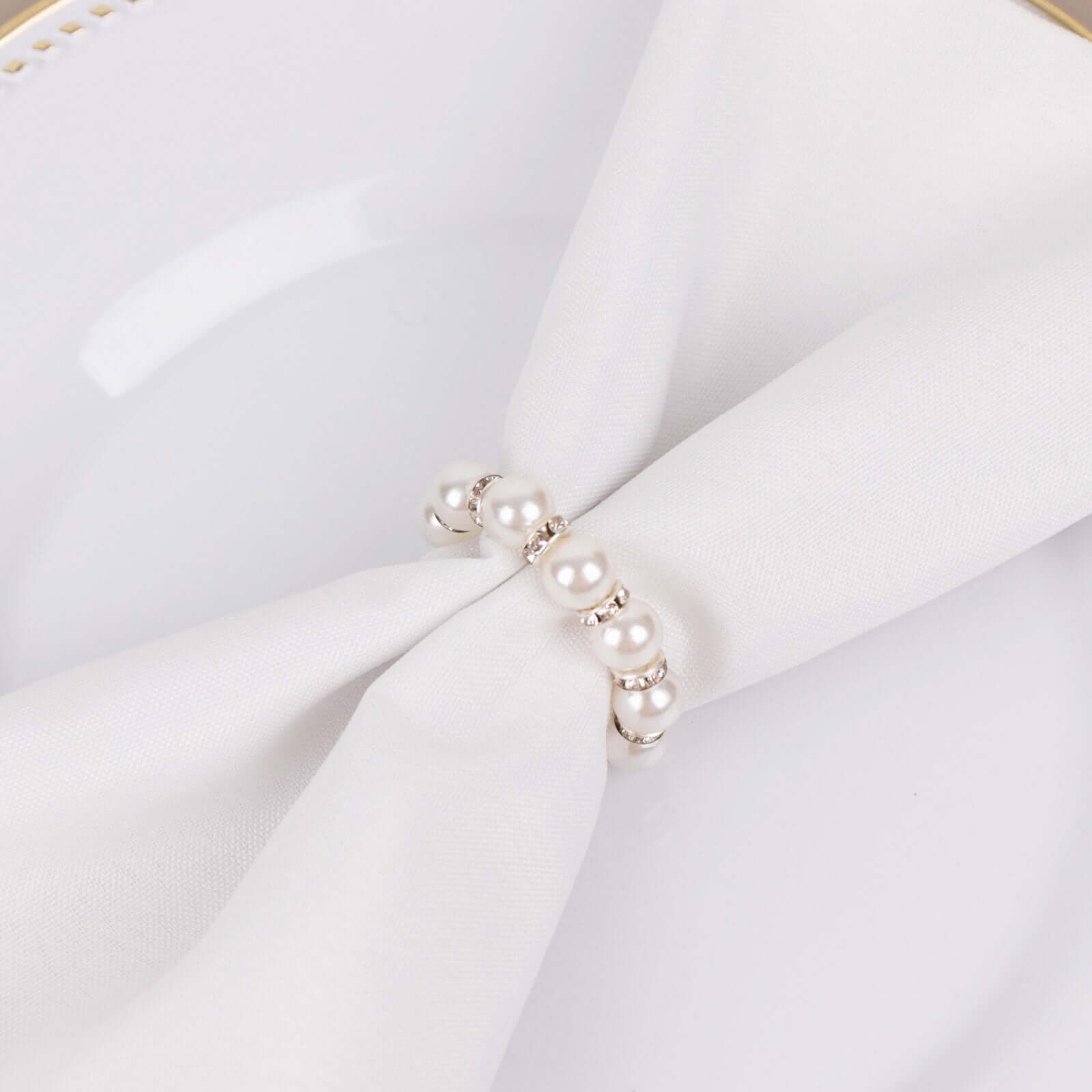 4 Pack 1.5" White Pearl Beads and Silver Rhinestone Napkin Rings, Elegant Round Serviette Buckle Napkin Holders - Bell Racket Store