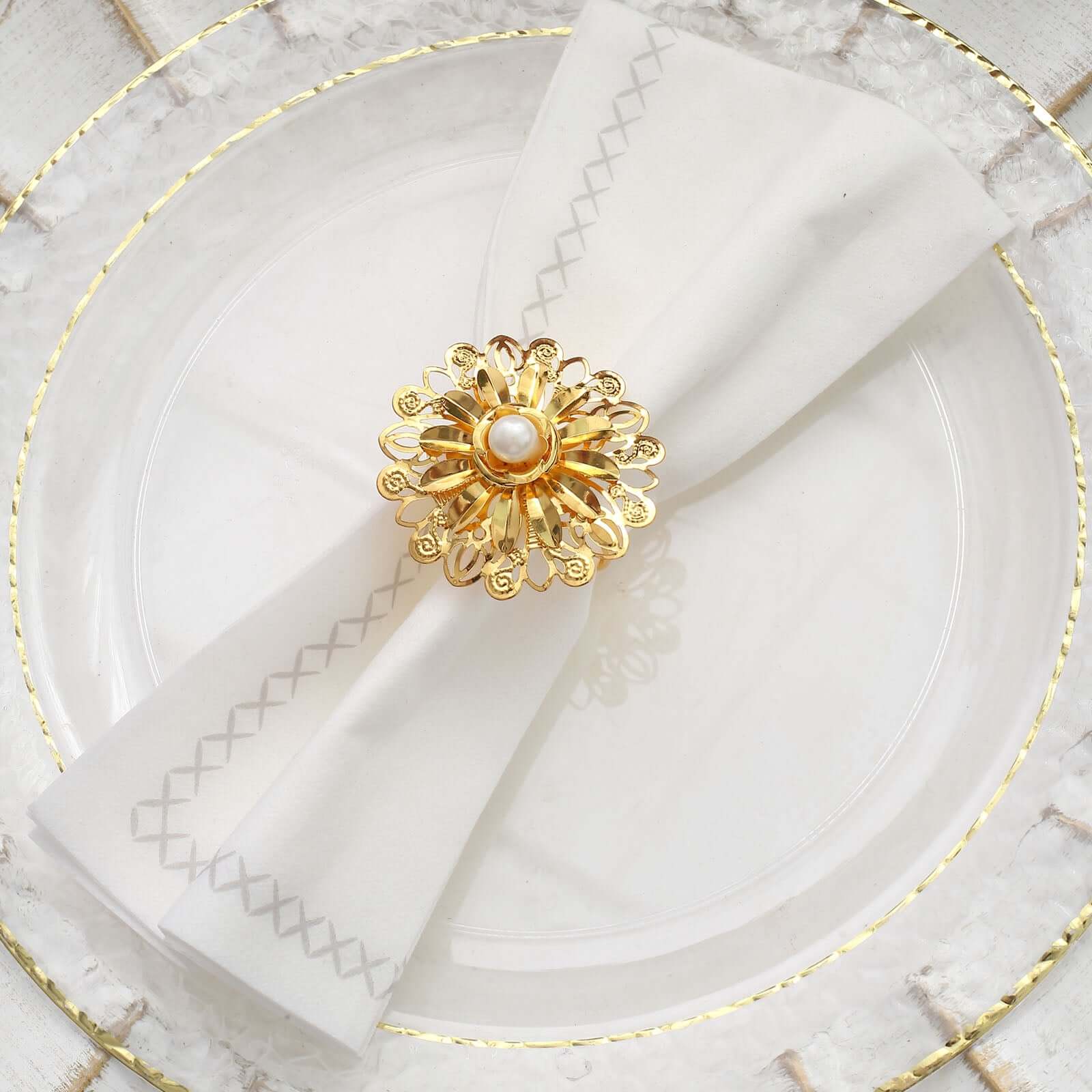 4 Pack 2" Elegant Gold Metal Pearl Floral Serviette Napkin Rings, Daffodil Flower Buckle Napkin Holders - Bell Racket Store
