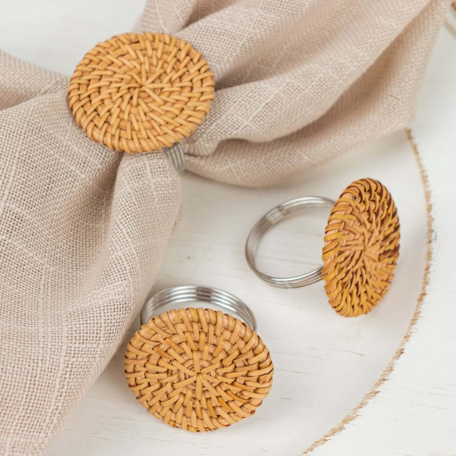 4 Pack 2" Natural Rustic Style Jute Rattan Metal Napkin Rings, Handmade Boho Chic Woven Serviette Buckle Holders - Bell Racket Store