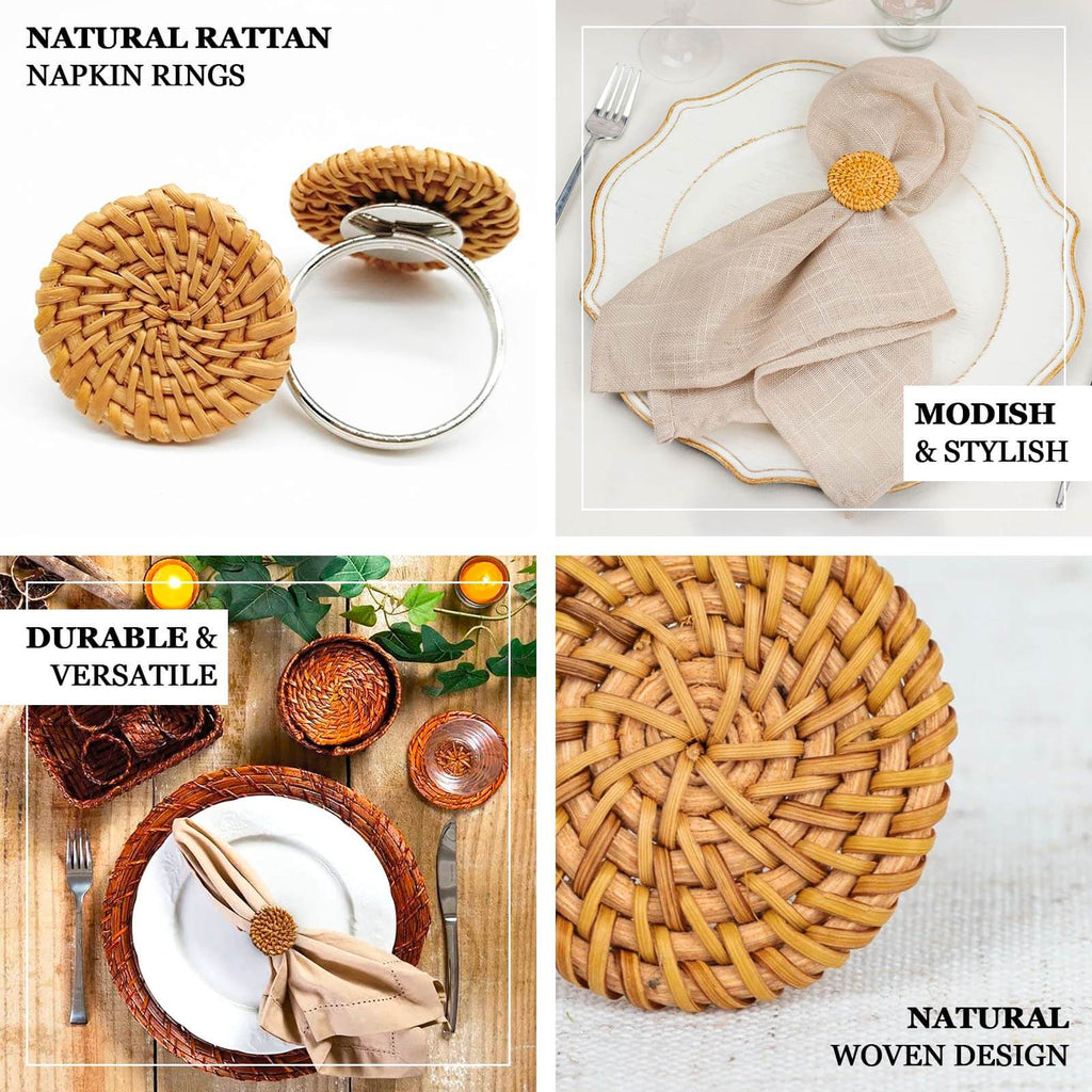 4 Pack 2" Natural Rustic Style Jute Rattan Metal Napkin Rings, Handmade Boho Chic Woven Serviette Buckle Holders - Bell Racket Store