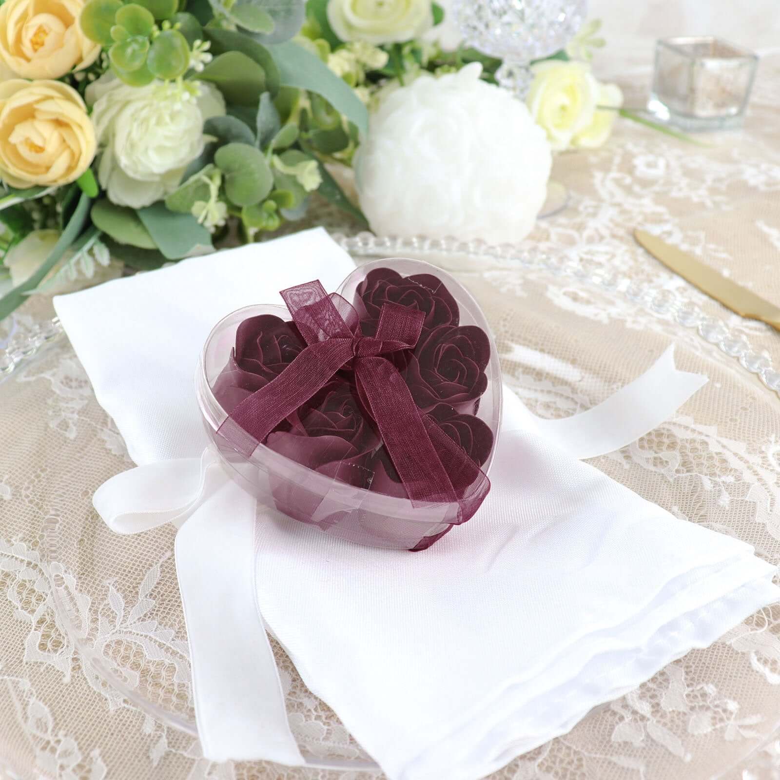 4 Pack 24 Pcs Burgundy Scented Rose Soap Heart Shaped Party Favors With Gift Boxes And Ribbon - Bell Racket Store