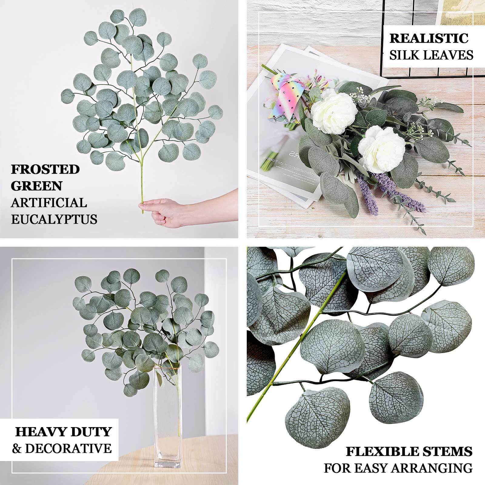 4 Pack 25" Frosted Green Artificial Silk Eucalyptus Leaf Branches - Bell Racket Store