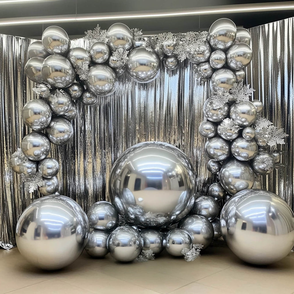 4 - Pack 32" Metallic Silver Sphere Balloons, Orbz Mylar Balloons Helium or Air - Filled Party Supplies - Bell Racket Store