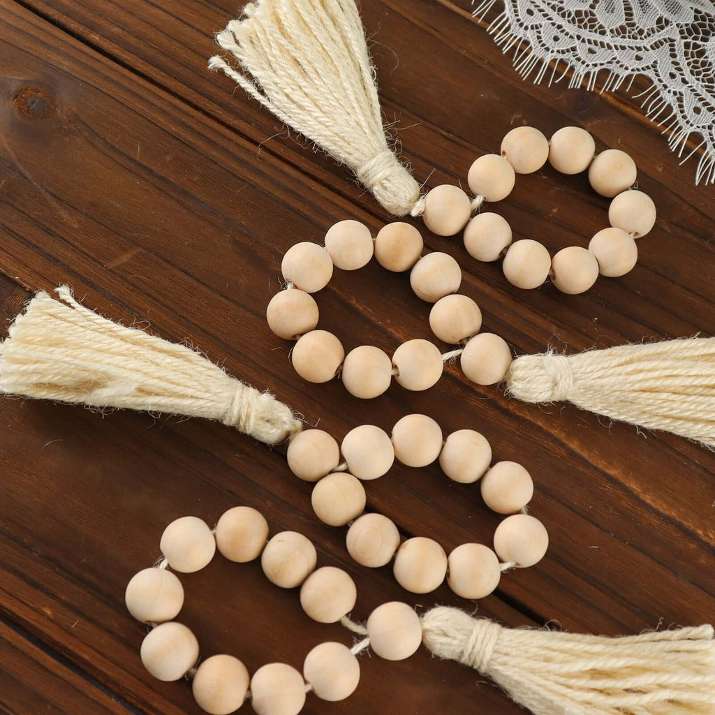 4 Pack 6" Cream Rustic Boho Chic Wood Bead Napkin Rings With Tassels, Farmhouse Country Napkin Holders - Bell Racket Store