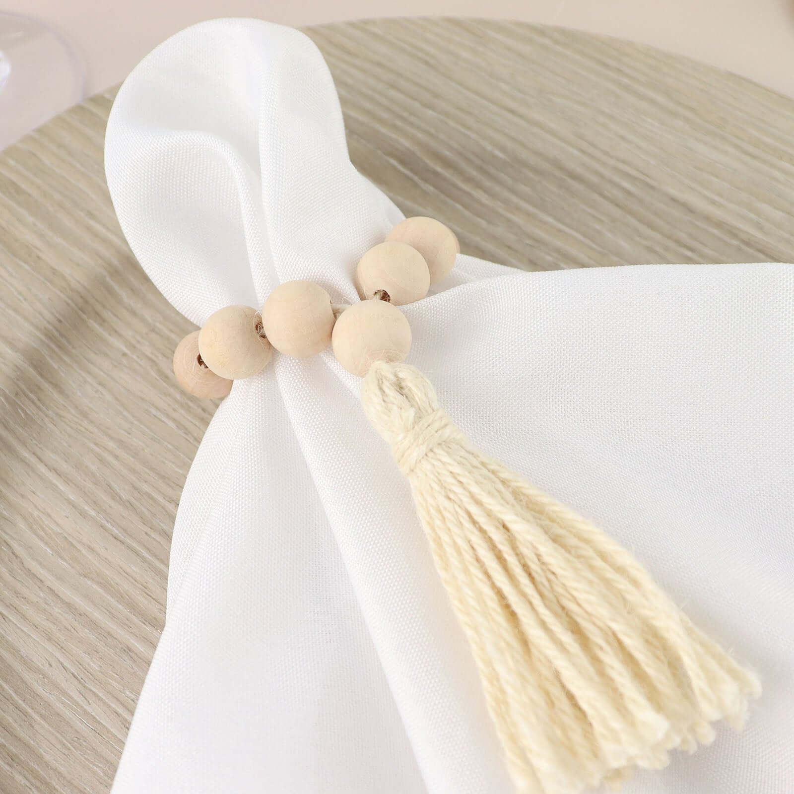 4 Pack 6" Cream Rustic Boho Chic Wood Bead Napkin Rings With Tassels, Farmhouse Country Napkin Holders - Bell Racket Store