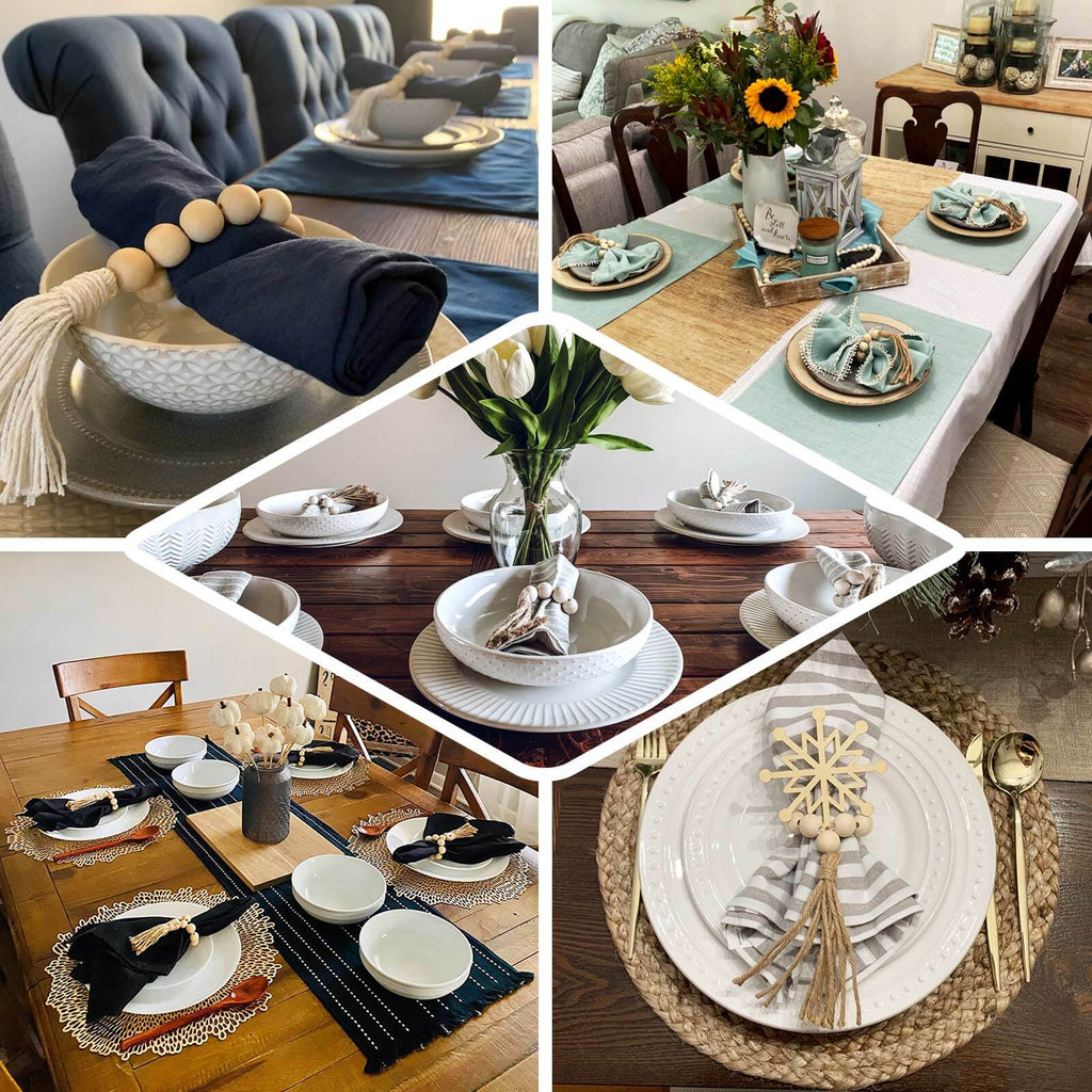 4 Pack 6" Cream Rustic Boho Chic Wood Bead Napkin Rings With Tassels, Farmhouse Country Napkin Holders - Bell Racket Store